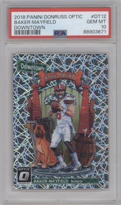 Baker Mayfield from the 2018 Panini Donruss Optic set graded by PSA and given an overall grade of 10.