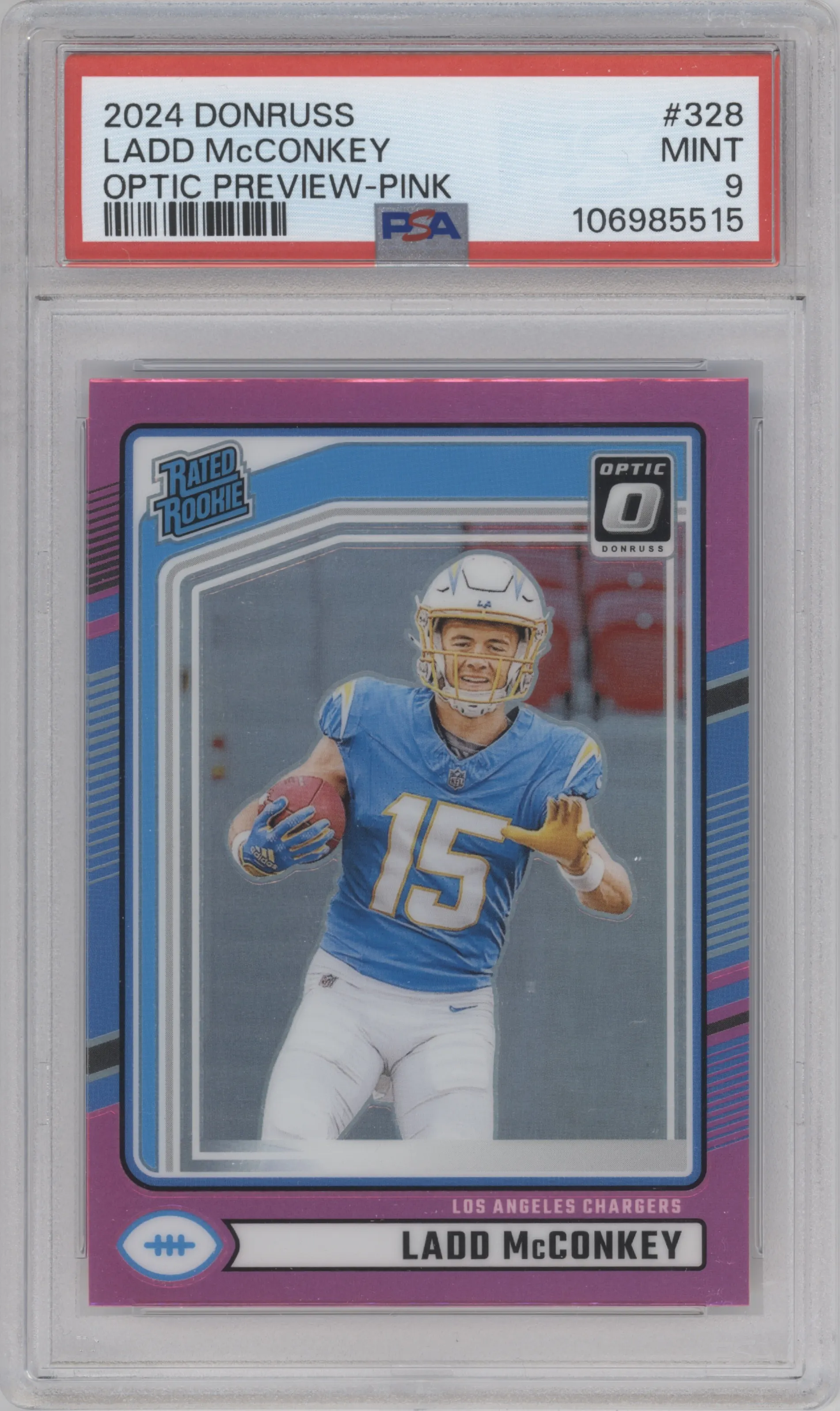 Ladd McConkey from the 2024 Donruss set featuring a Pink parallel graded by PSA and given an overall grade of 9.