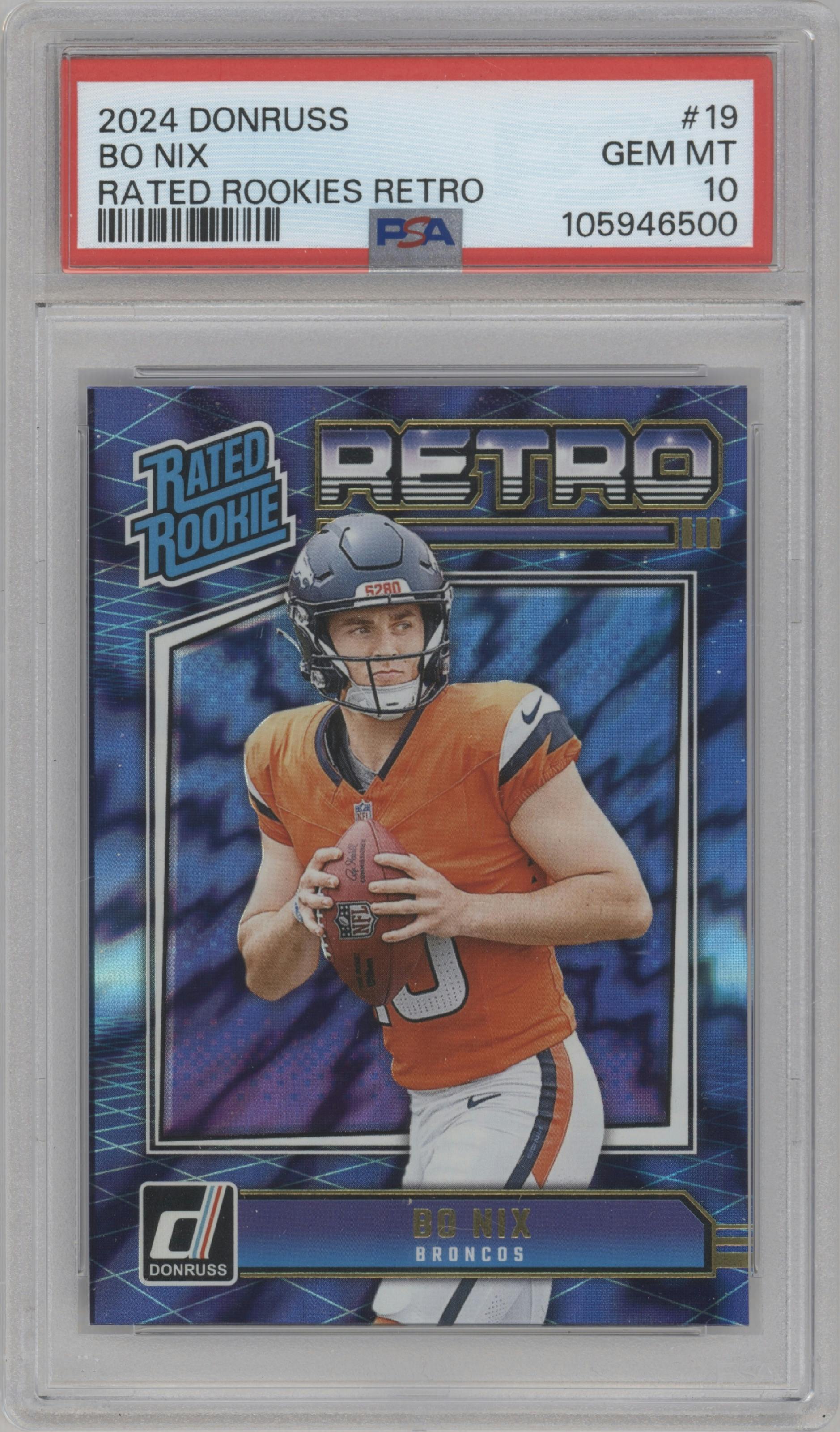 Bo Nix from the 2024 Donruss set graded by PSA and given an overall grade of 10.