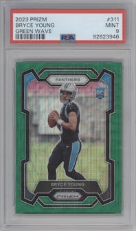 Bryce Young from the 2023 Panini Prizm set featuring a Green Wave  parallel graded by PSA and given an overall grade of 9.