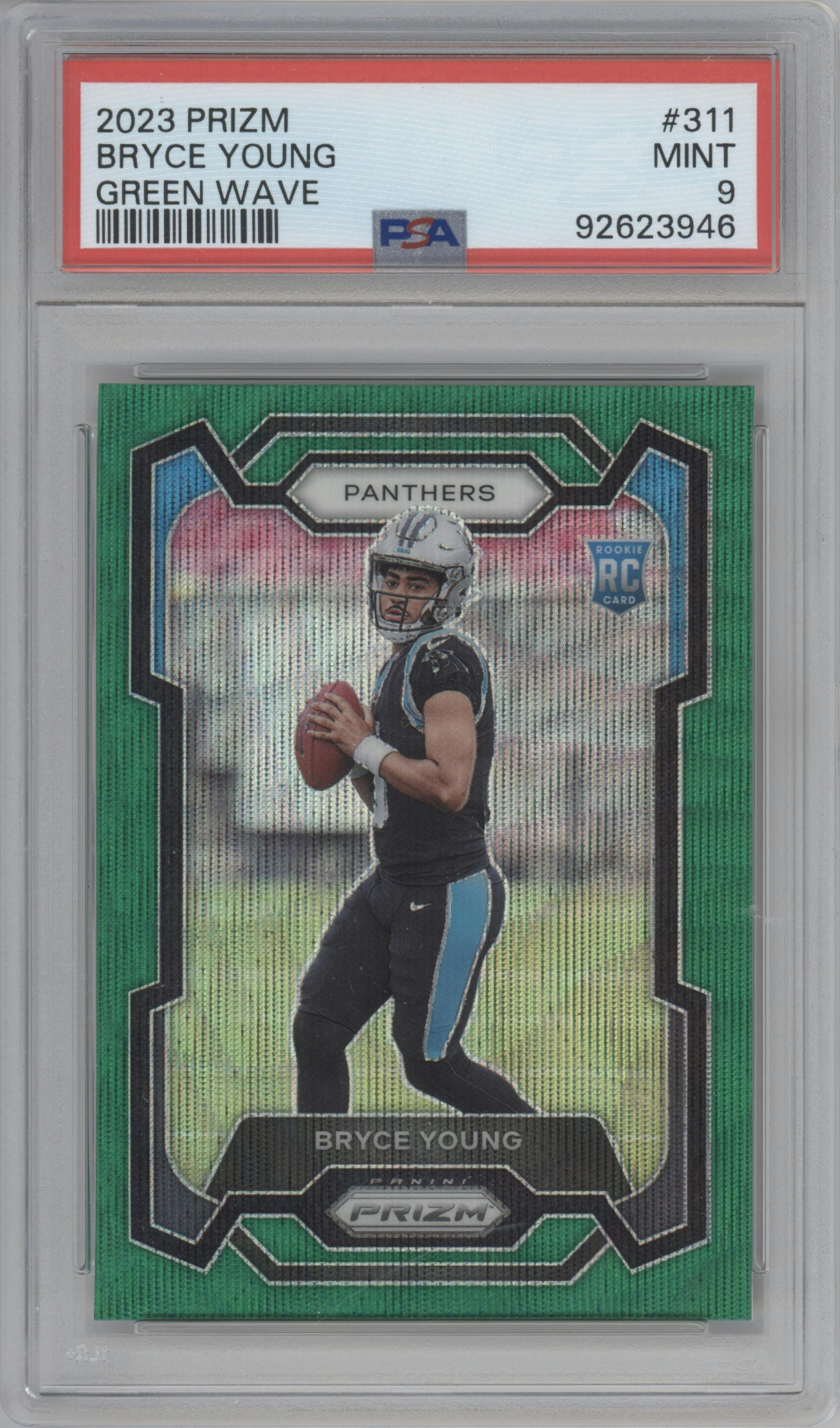 Bryce Young from the 2023 Panini Prizm set featuring a Green Wave  parallel graded by PSA and given an overall grade of 9.