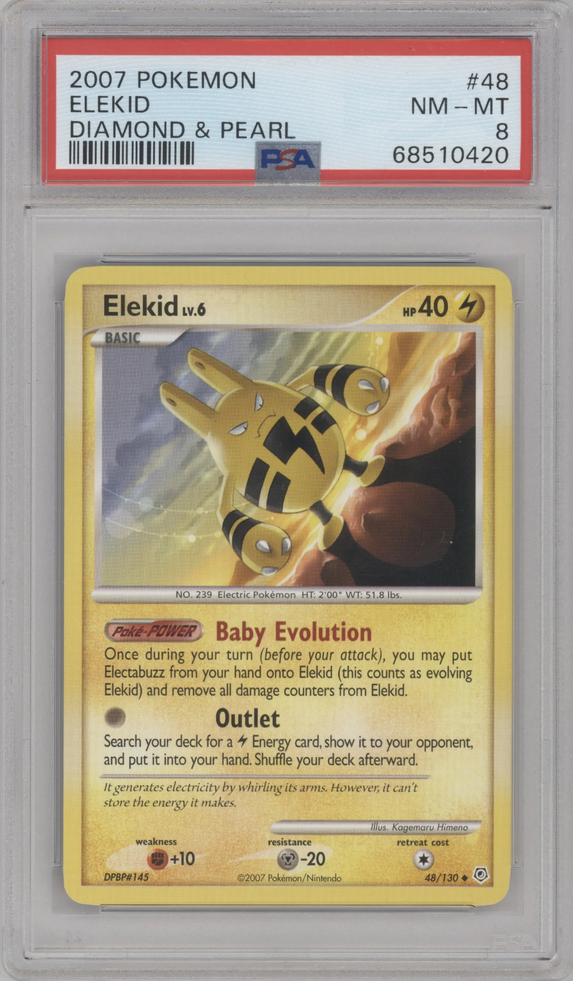 Elekid from the 2007 Pokemon D&P set graded by PSA and given an overall grade of 8.