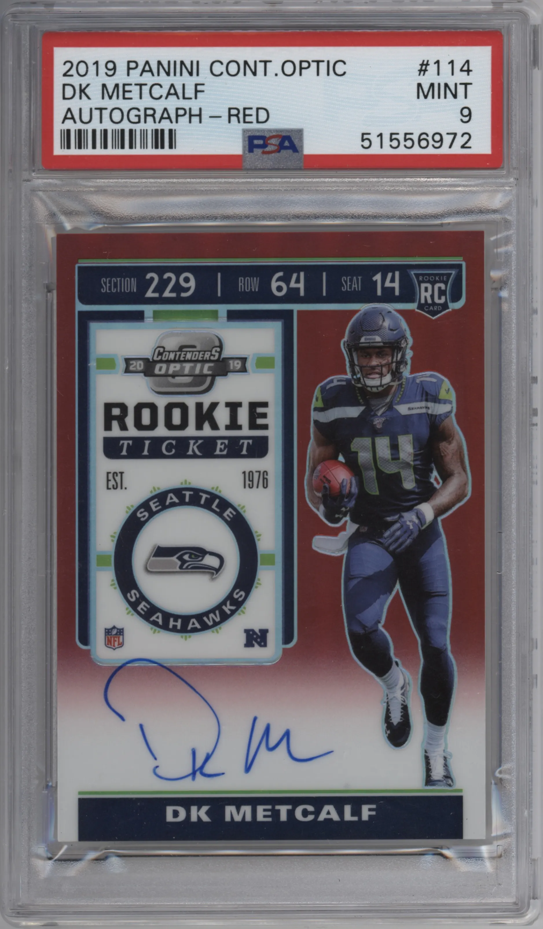 DK Metcalf from the 2019 Panini Contenders Optic set featuring a Red parallel graded by PSA and given an overall grade of 9.