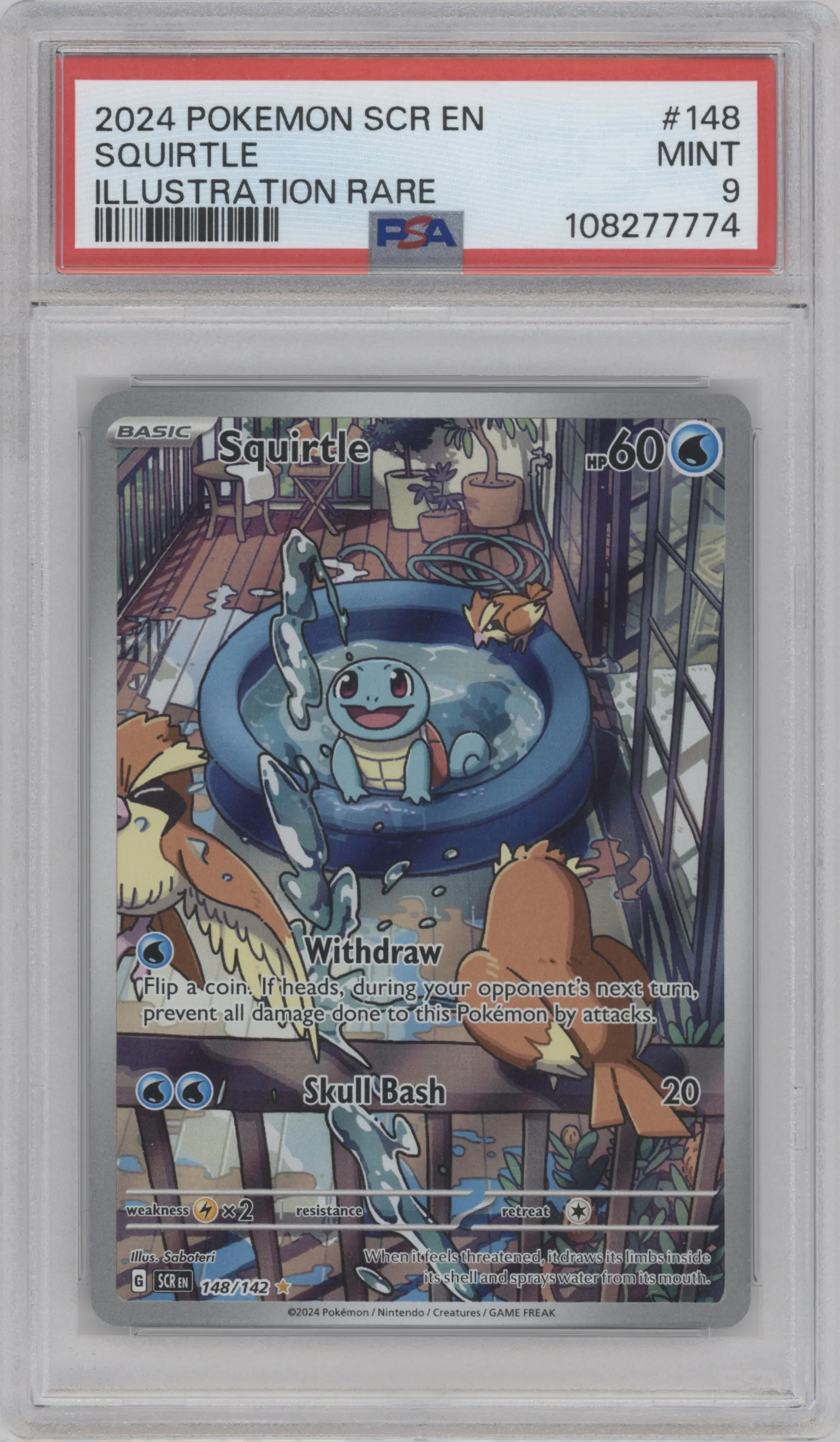 Squirtle from the 2024 Pokemon SV set graded by PSA and given an overall grade of 9.