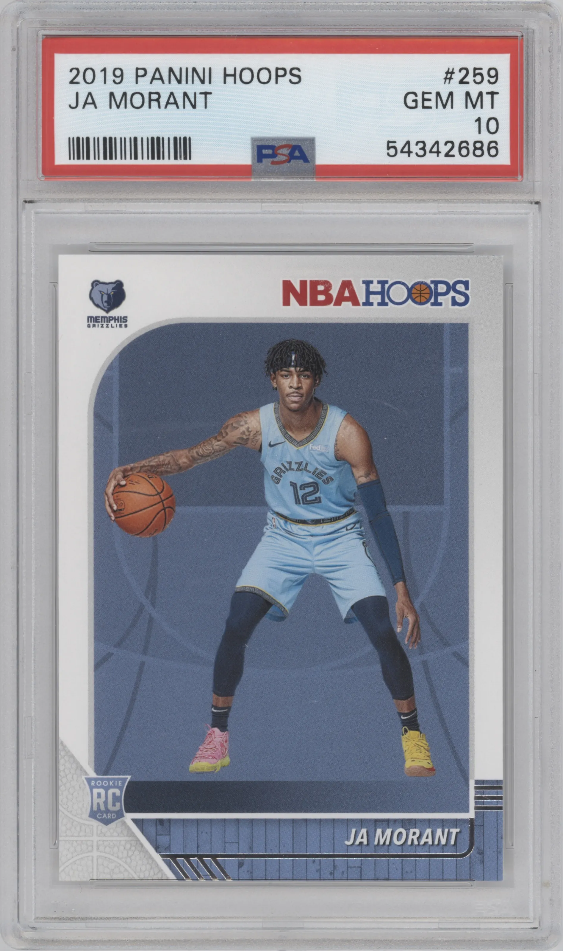 Ja Morant from the 2019-20 Panini NBA Hoops set graded by PSA and given an overall grade of 10.