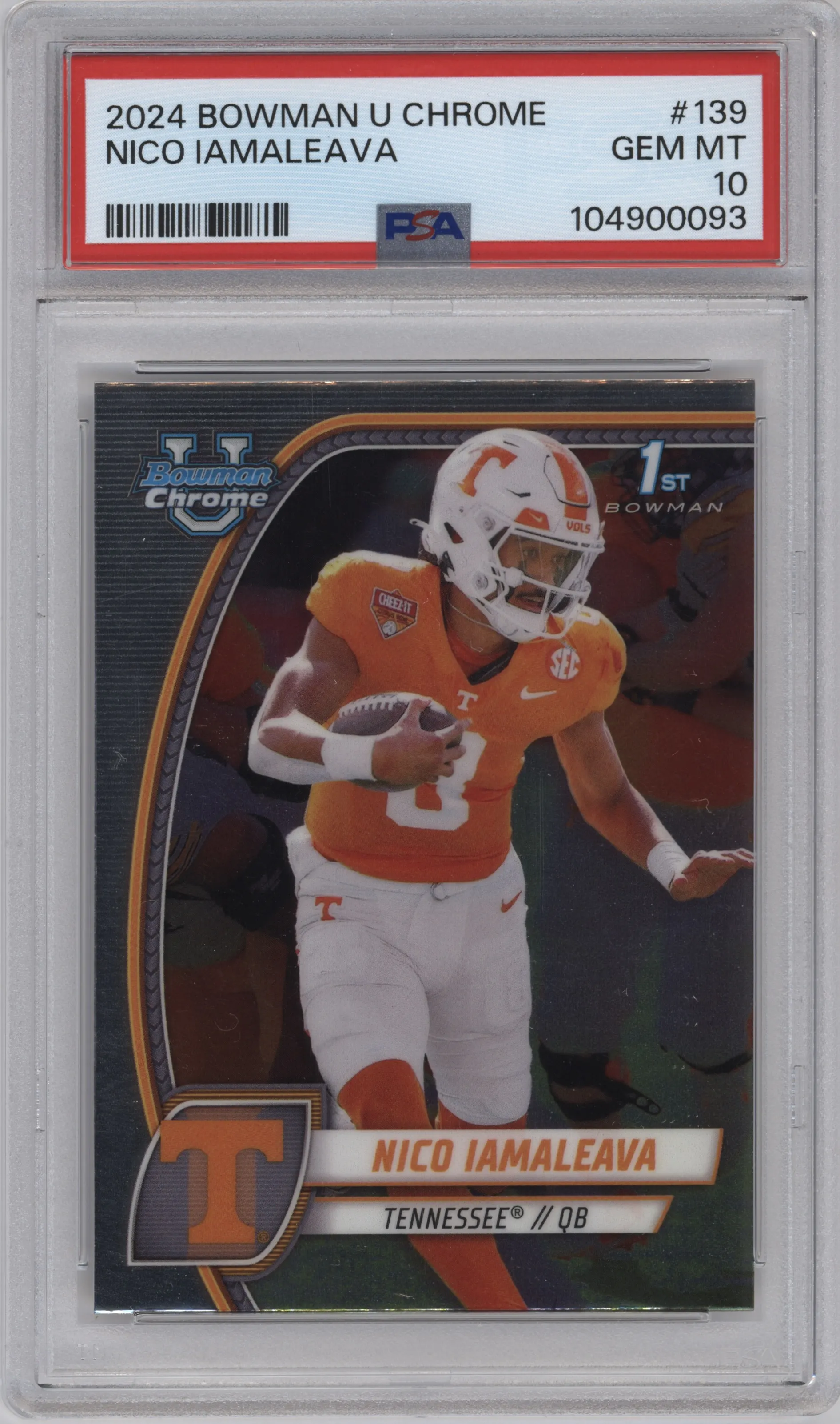 Nico Iamaleava from the 2024 Bowman University Chrome set graded by PSA and given an overall grade of 10.