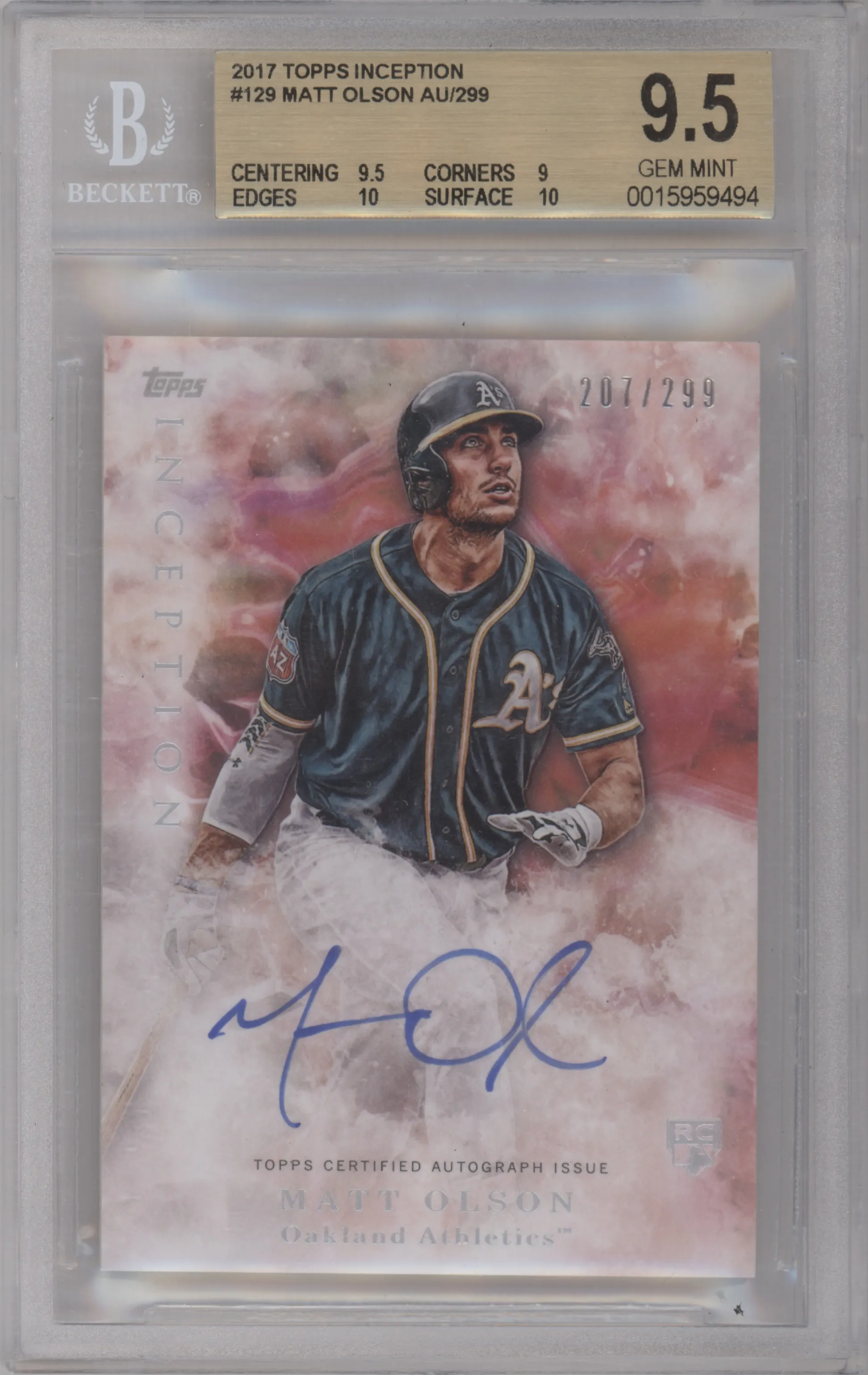Matt Olson from the 2017 Topps Inception set graded by Beckett and given an overall grade of 9.5.