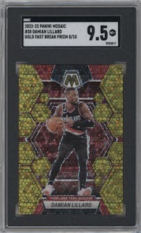 Damian Lillard from the 2022-23 Panini Mosaic set featuring a Fast Break Gold parallel graded by SGC and given an overall grade of 9.5.