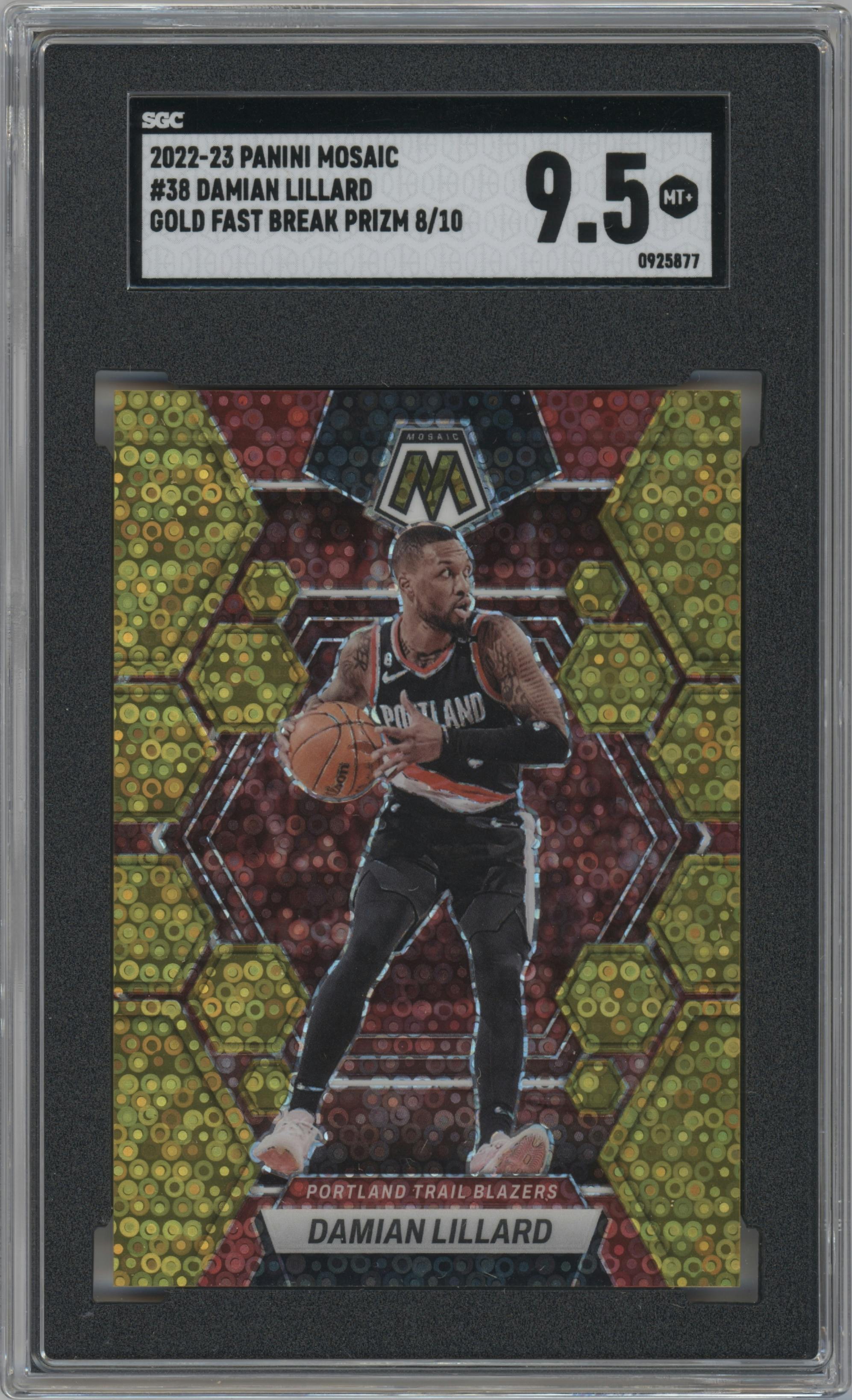 Damian Lillard from the 2022-23 Panini Mosaic set featuring a Fast Break Gold parallel graded by SGC and given an overall grade of 9.5.