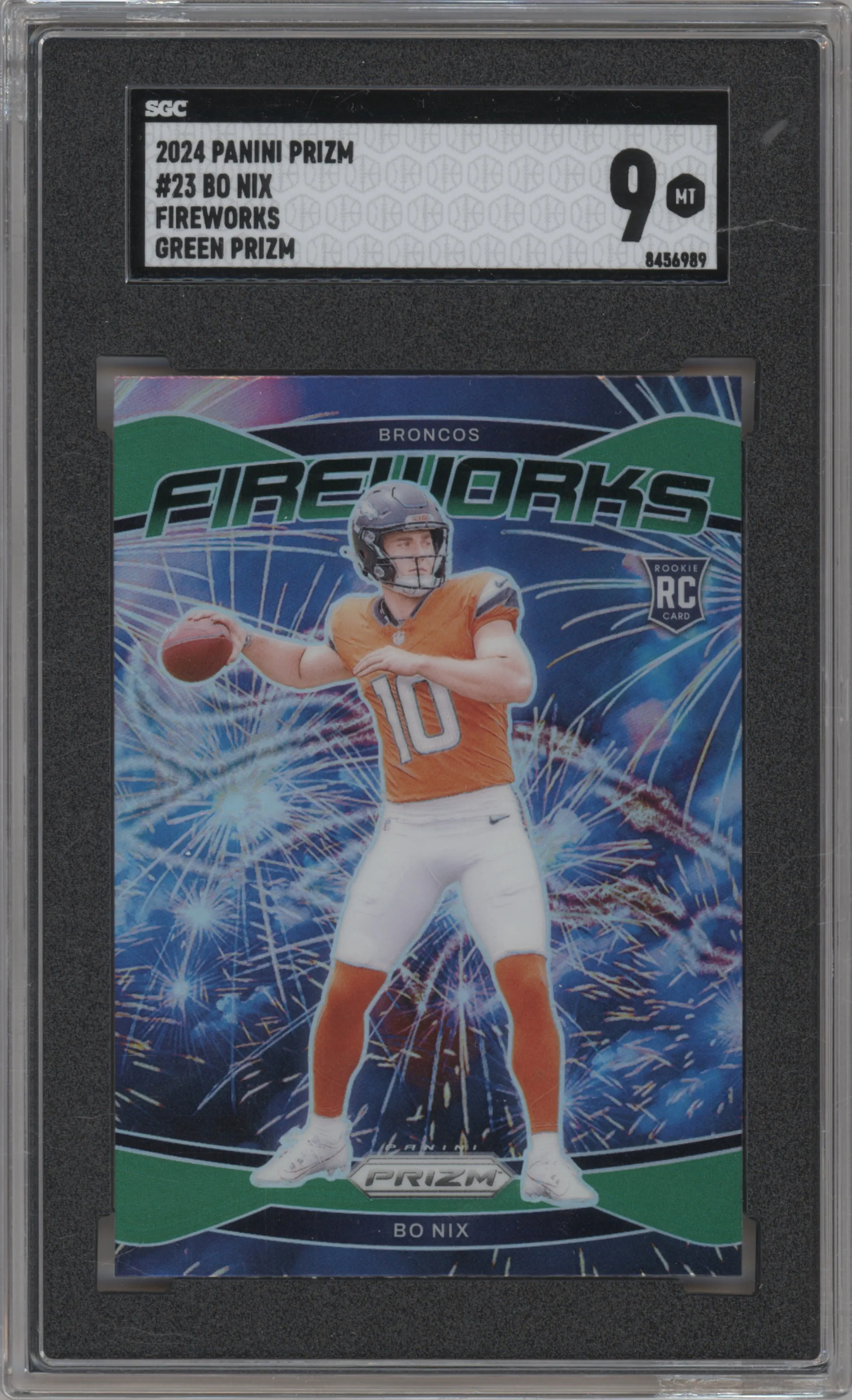 Bo Nix from the 2024 Panini Prizm set featuring a Green Prizm parallel graded by SGC and given an overall grade of 9.