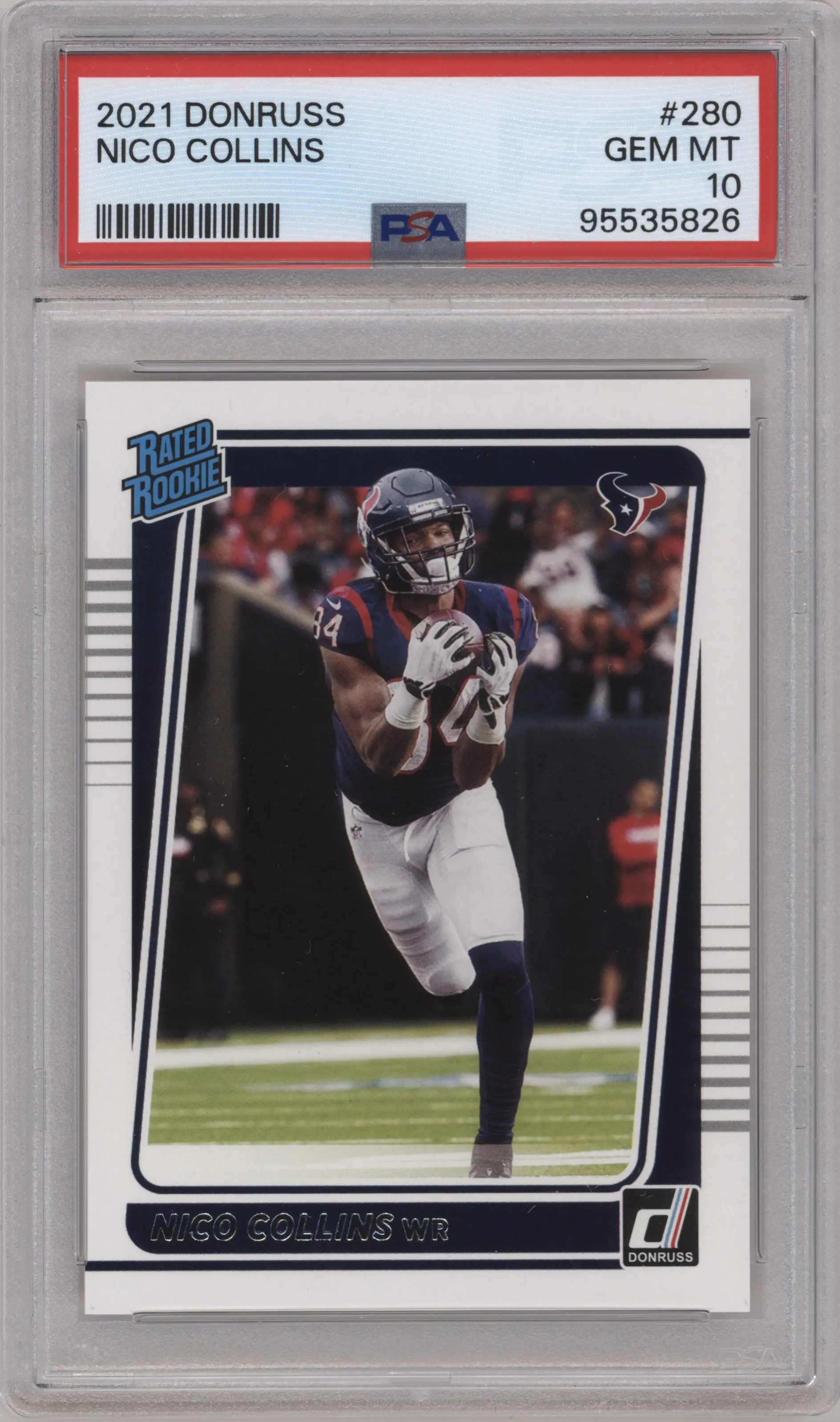 Nico Collins from the 2021 Panini Donruss set graded by PSA and given an overall grade of 10.