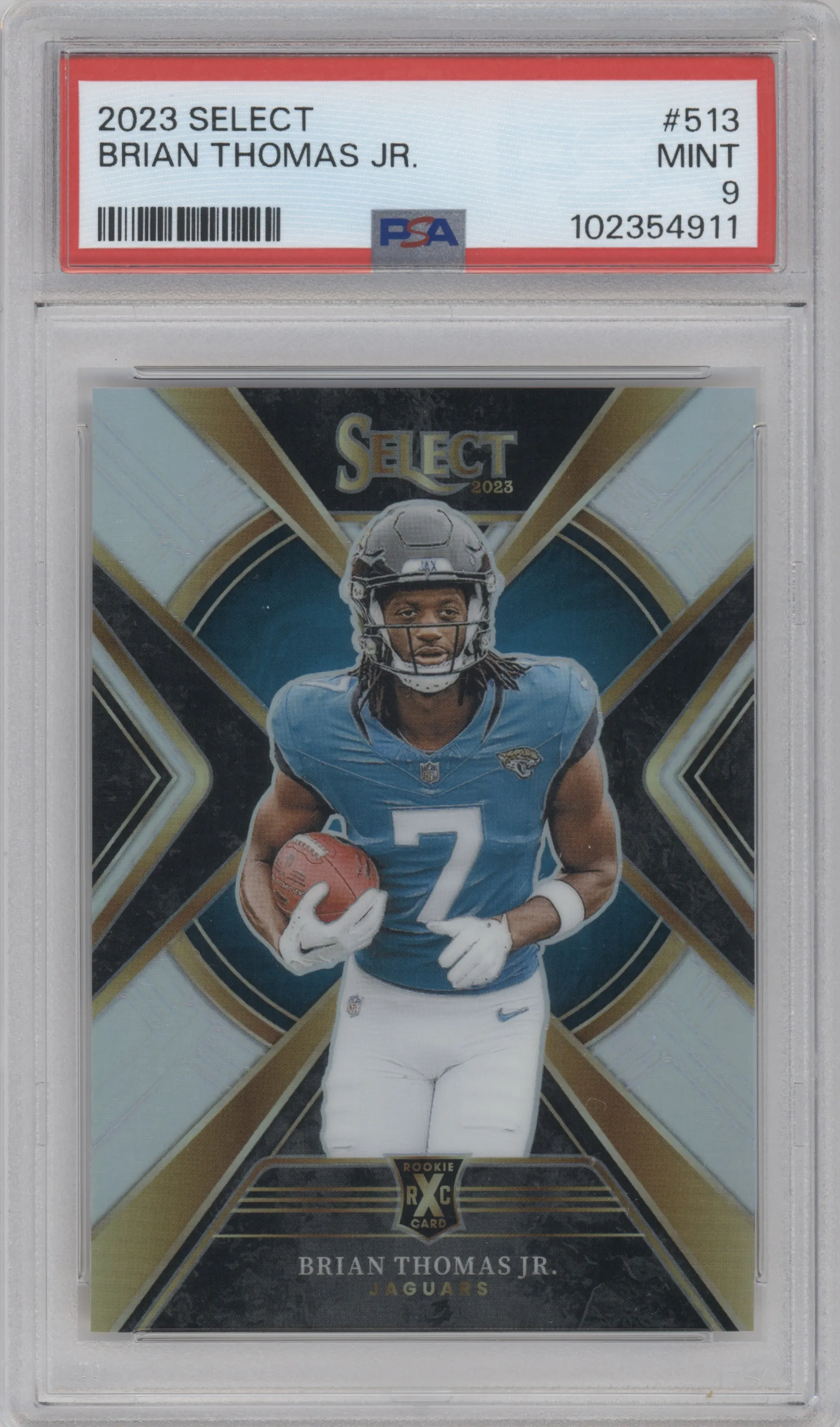 Brian Thomas Jr. from the 2023 Panini Select set graded by PSA and given an overall grade of 9.