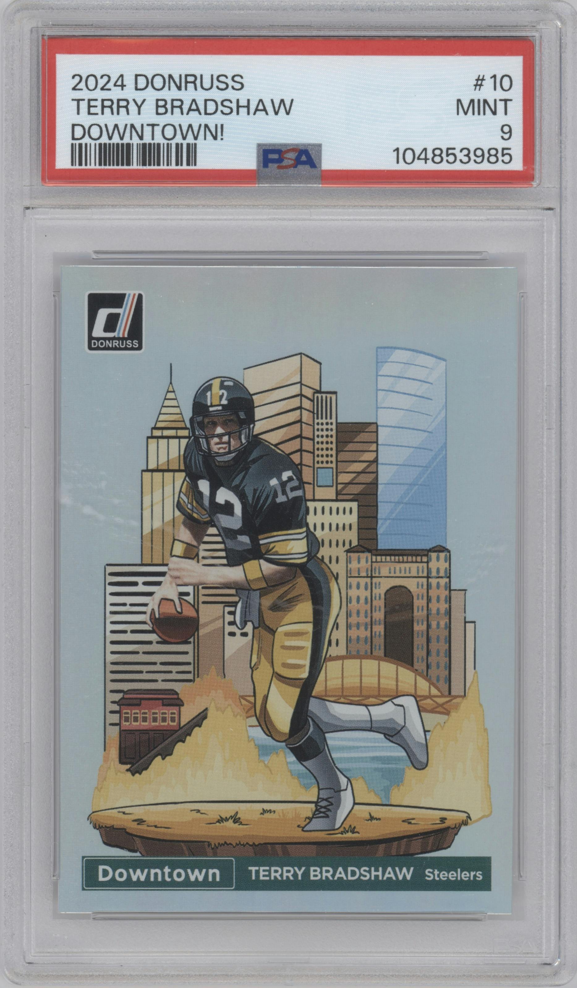 Terry Bradshaw from the 2024 Donruss set graded by PSA and given an overall grade of 9.
