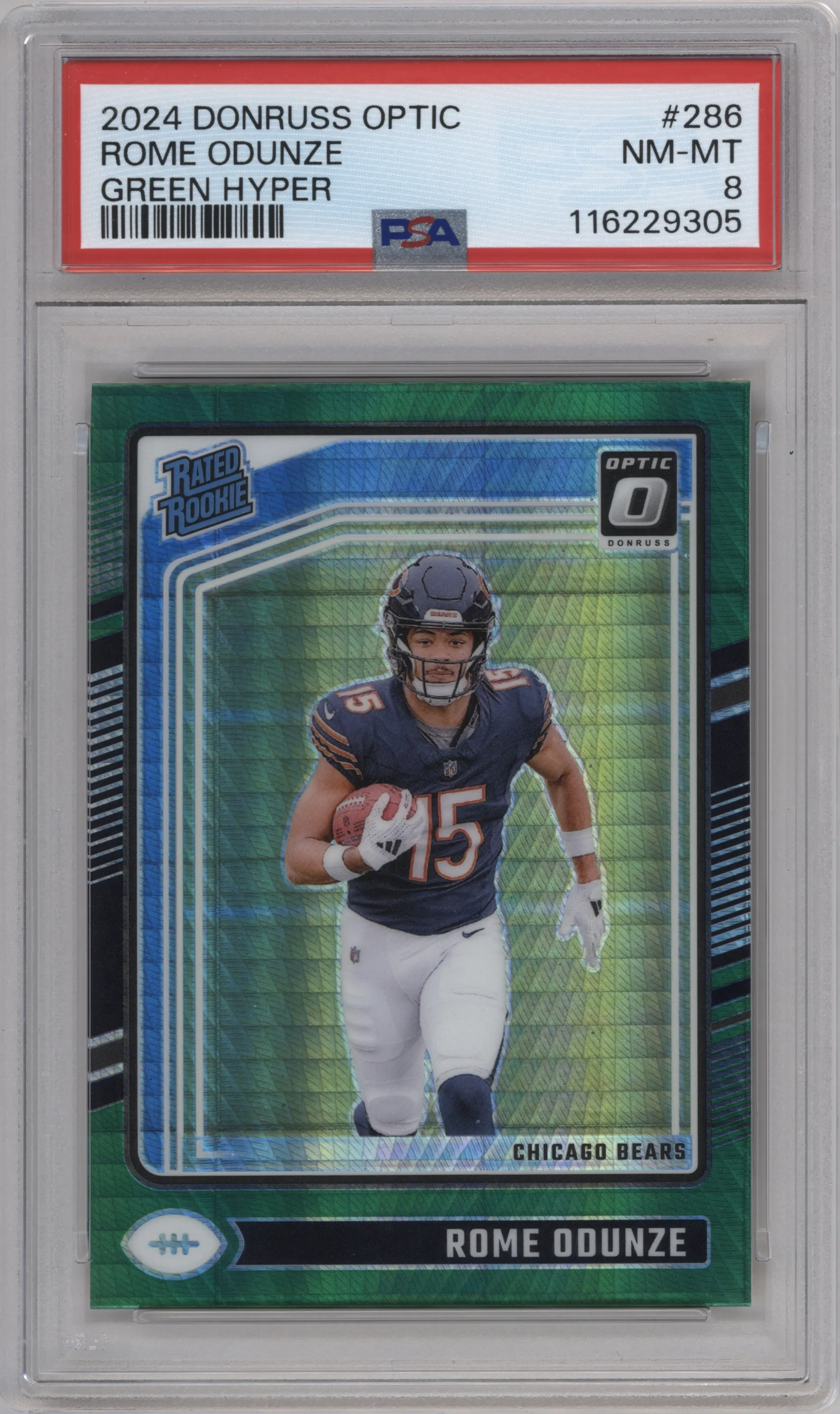 Rome Odunze  from the 2024 Donruss Optic set featuring a Hyper Green parallel graded by PSA and given an overall grade of 8.