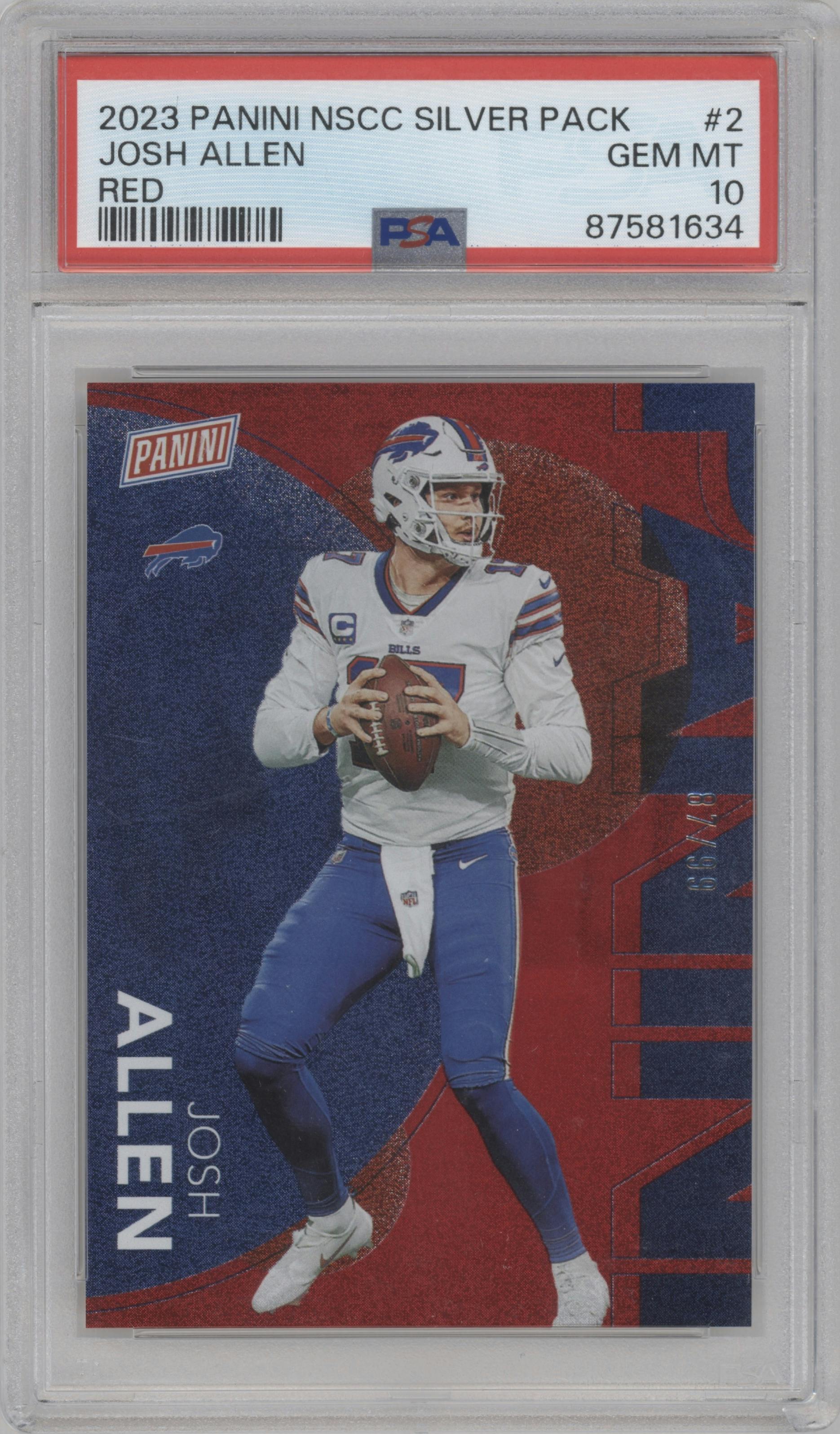 Josh Allen from the 2023 Panini The National VIP set featuring a Red parallel graded by PSA and given an overall grade of 10.
