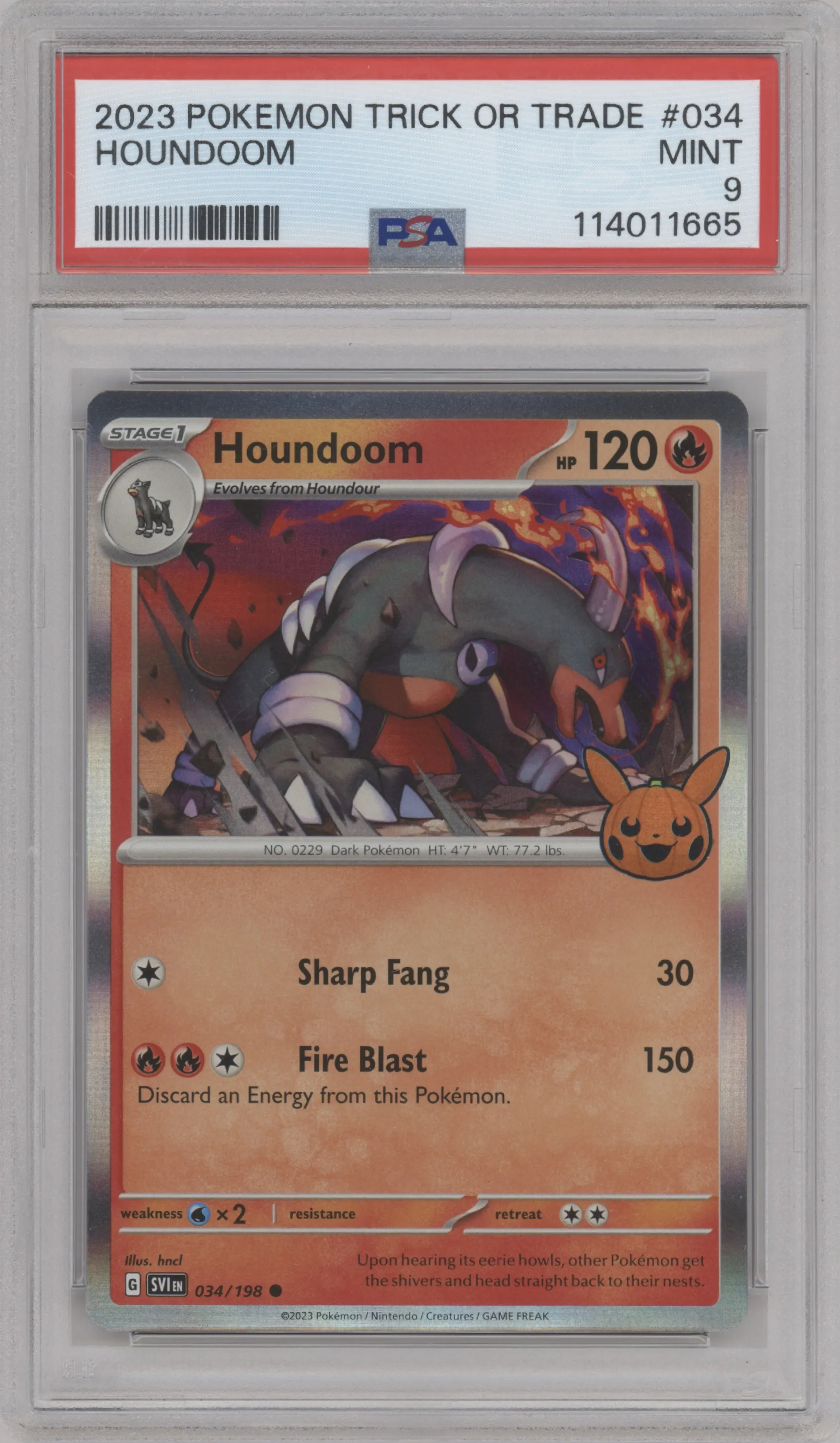 Houndoom from the 2023 Pokemon SV set featuring a Trick Or Trade parallel graded by PSA and given an overall grade of 9.