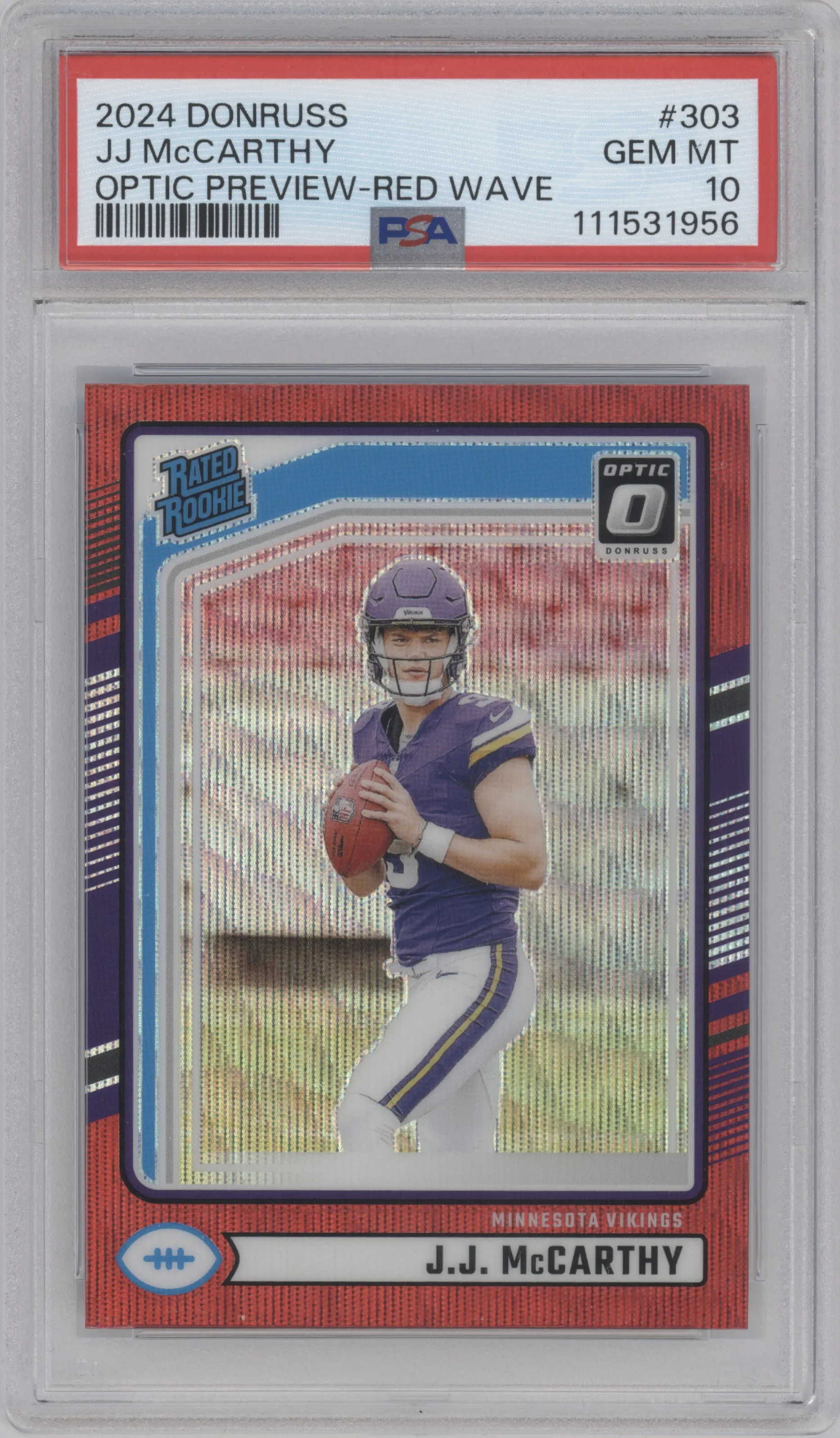 J.J. McCarthy from the 2024 Donruss set featuring a Red Wave parallel graded by PSA and given an overall grade of 10.