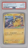 Pikachu from the 2024 Pokemon SV set featuring a 2024 World Championship parallel graded by PSA and given an overall grade of 10.