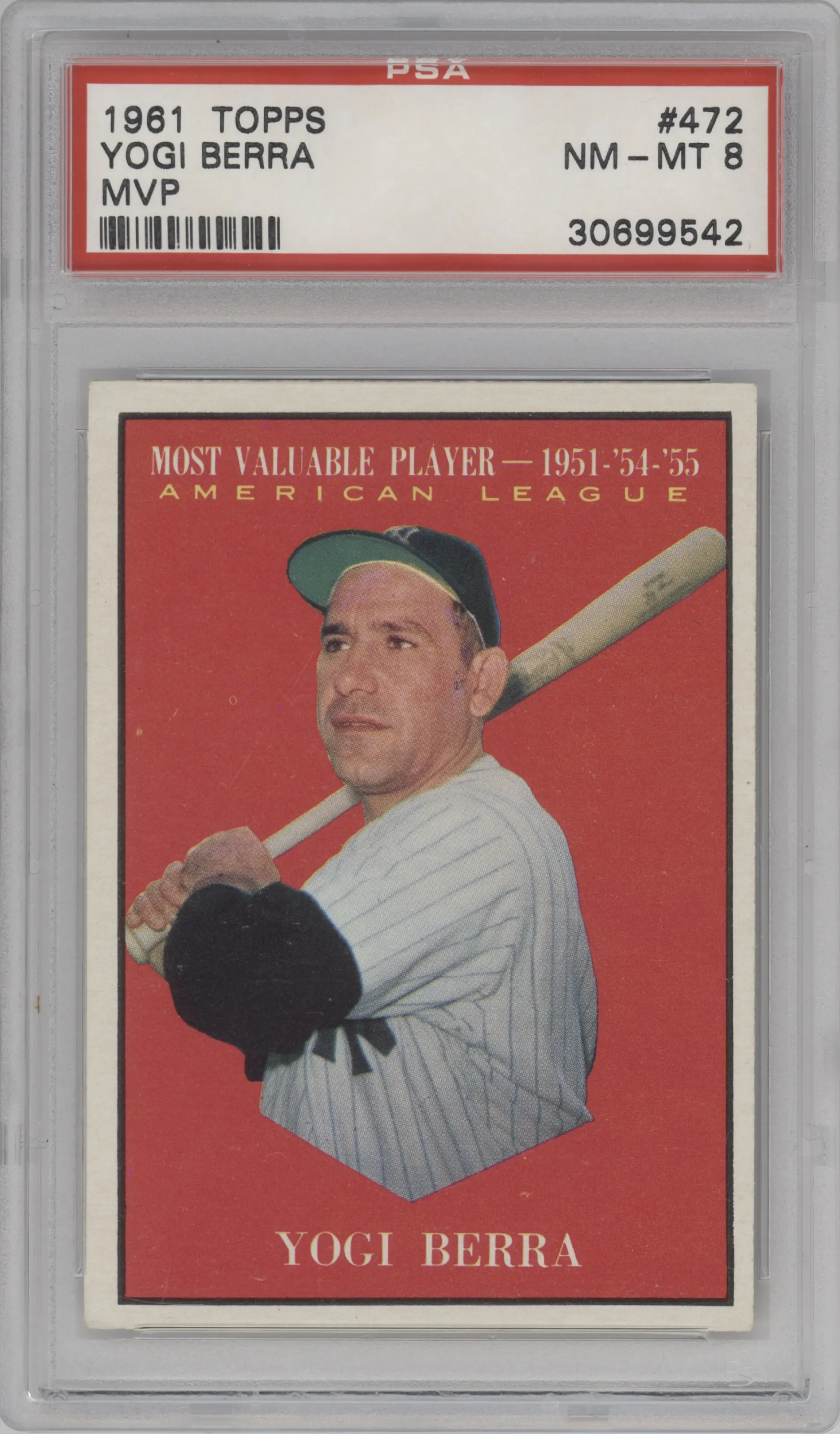 Yogi Berra from the 1961 Topps set graded by PSA and given an overall grade of 8.