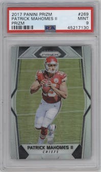 Patrick Mahomes II from the 2017 Panini Prizm set featuring a Prizm parallel graded by PSA and given an overall grade of 9.