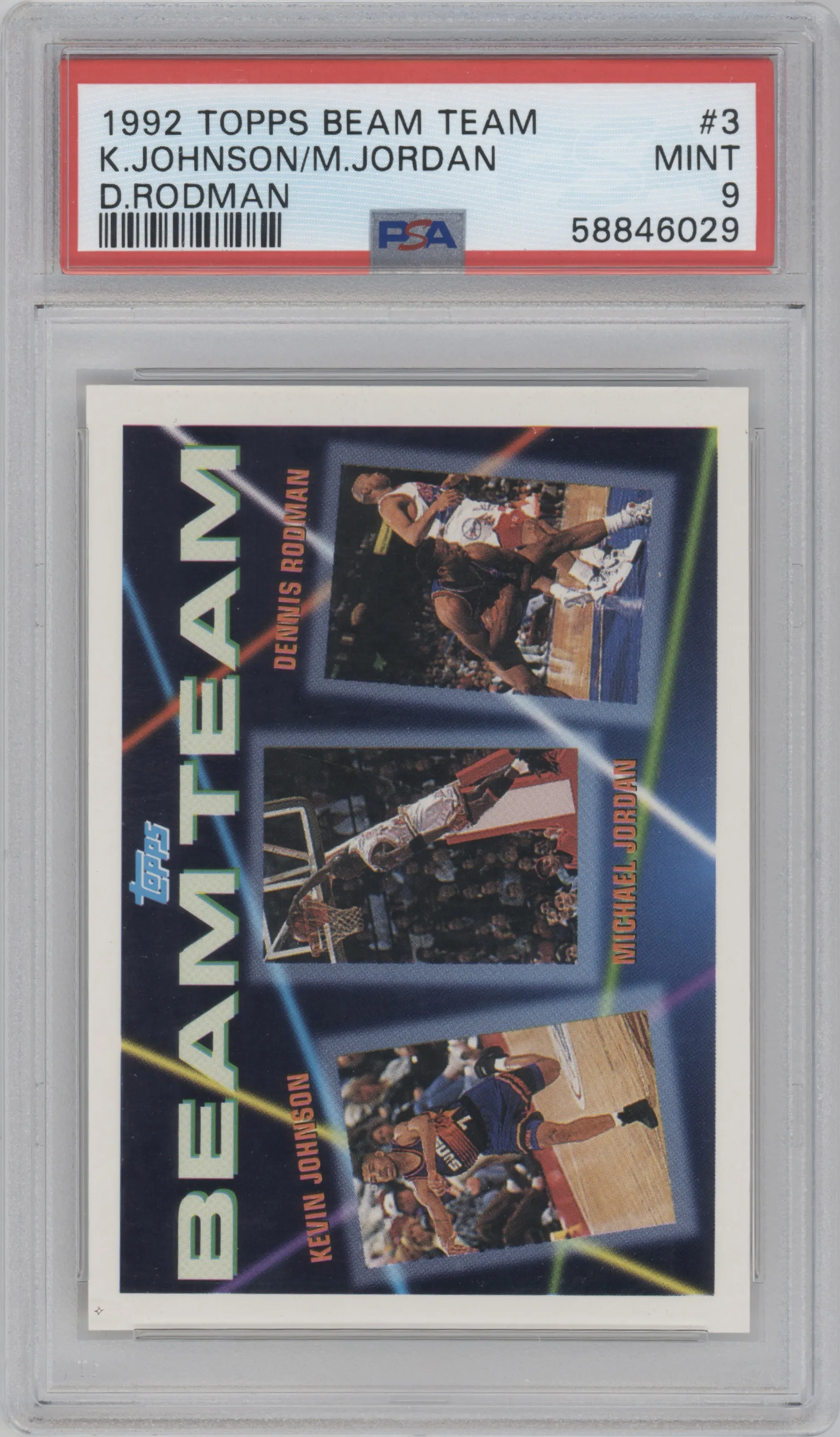 Kevin Johnson/Michael Jordan/Dennis Rodman from the 1992-93 Topps set graded by PSA and given an overall grade of 9.