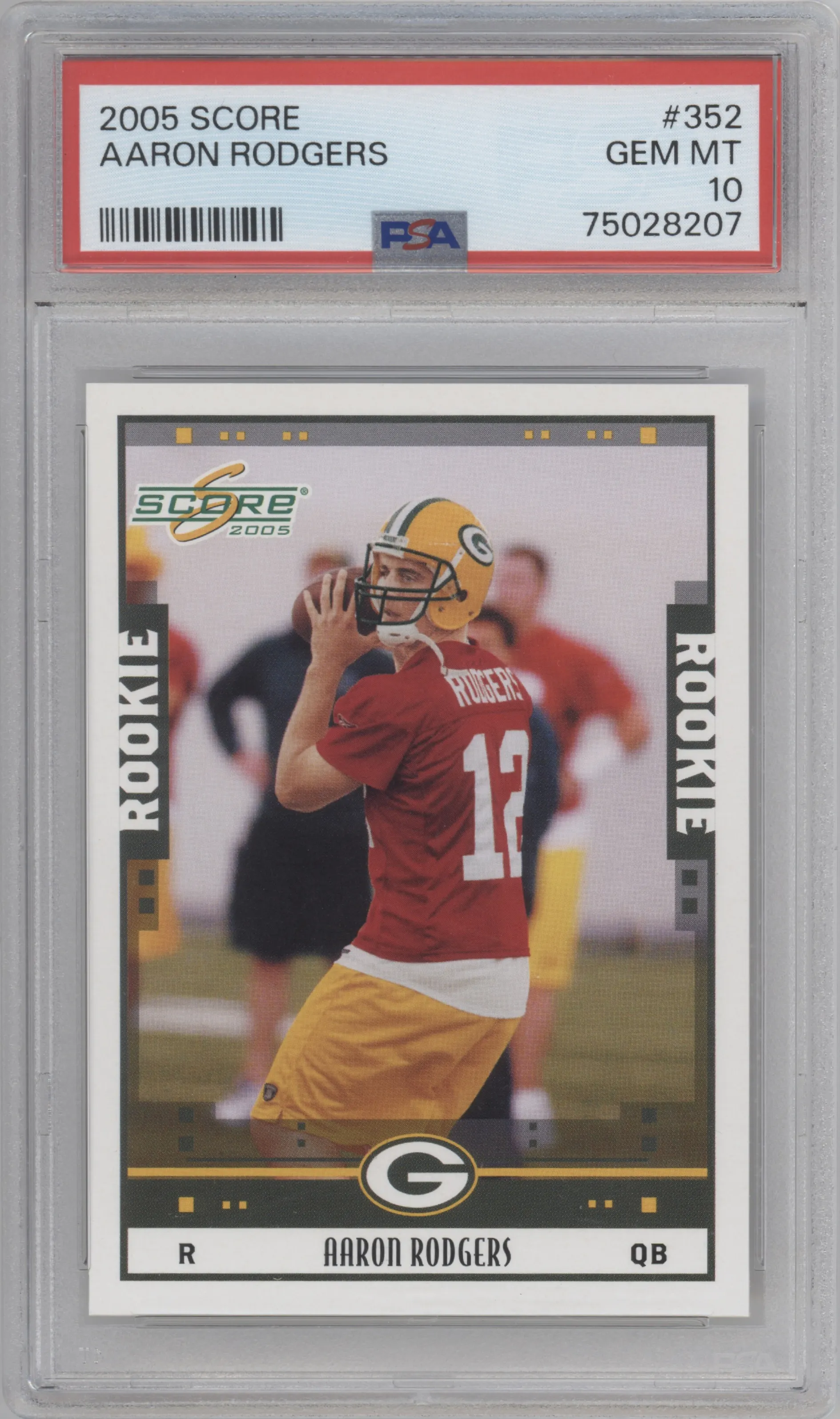 Aaron Rodgers from the 2005 Score set graded by PSA and given an overall grade of 10.