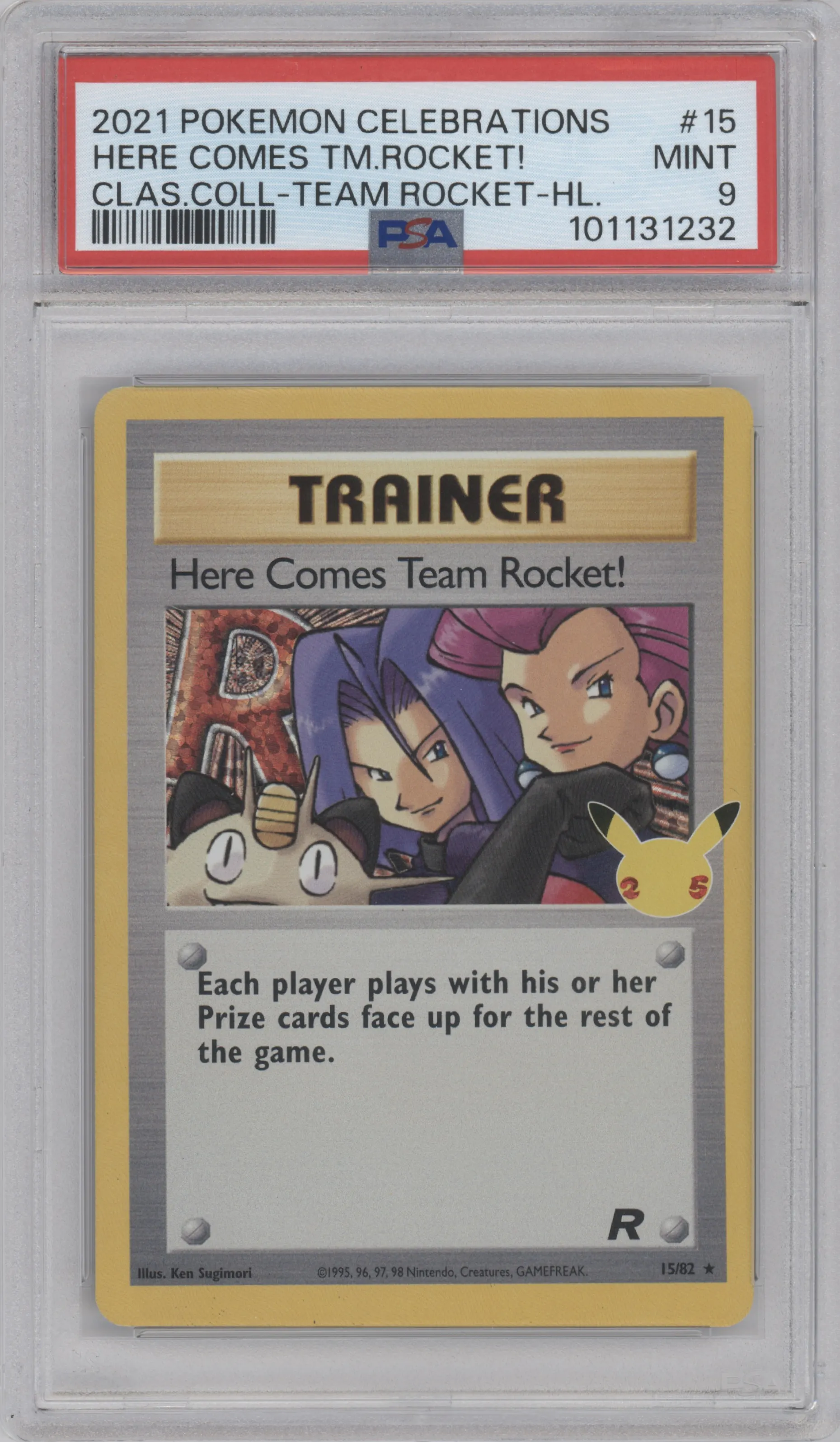 Here Comes Team Rocket! from the 2021 Pokemon SWSH set featuring a Team Rocket parallel graded by PSA and given an overall grade of 9.