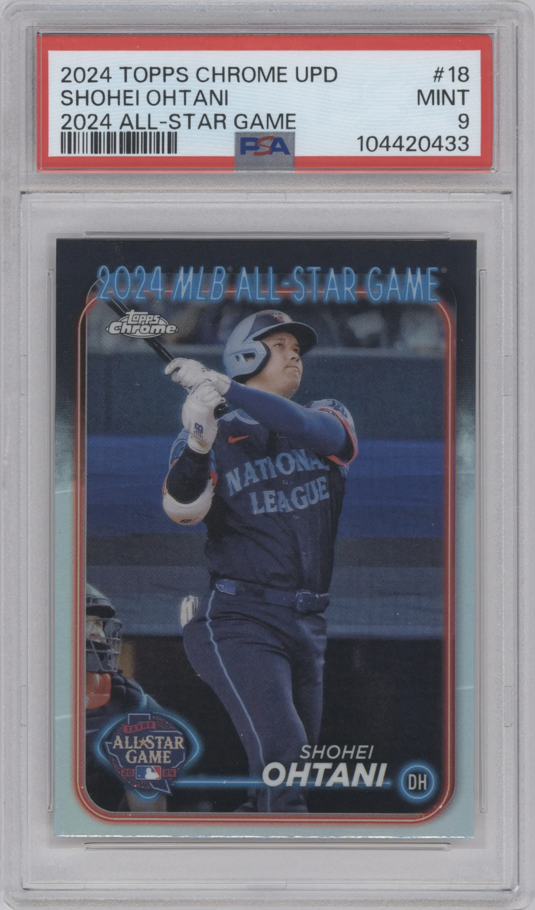 Shohei Ohtani  from the 2024 Topps Chrome Update set graded by PSA and given an overall grade of 9.