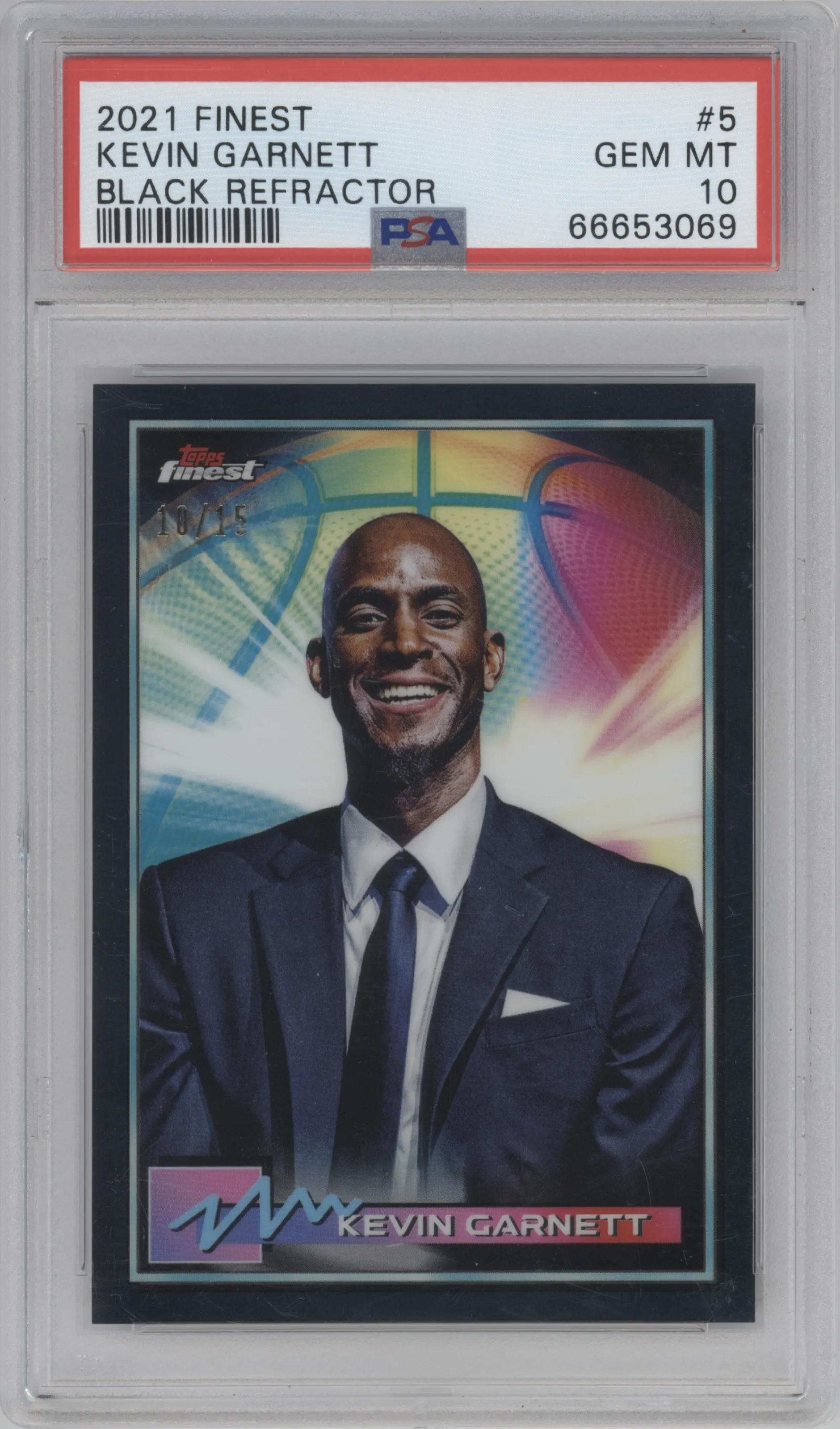 Kevin Garnett from the 2021 Topps Finest set featuring a Black Refractor parallel graded by PSA and given an overall grade of 10.