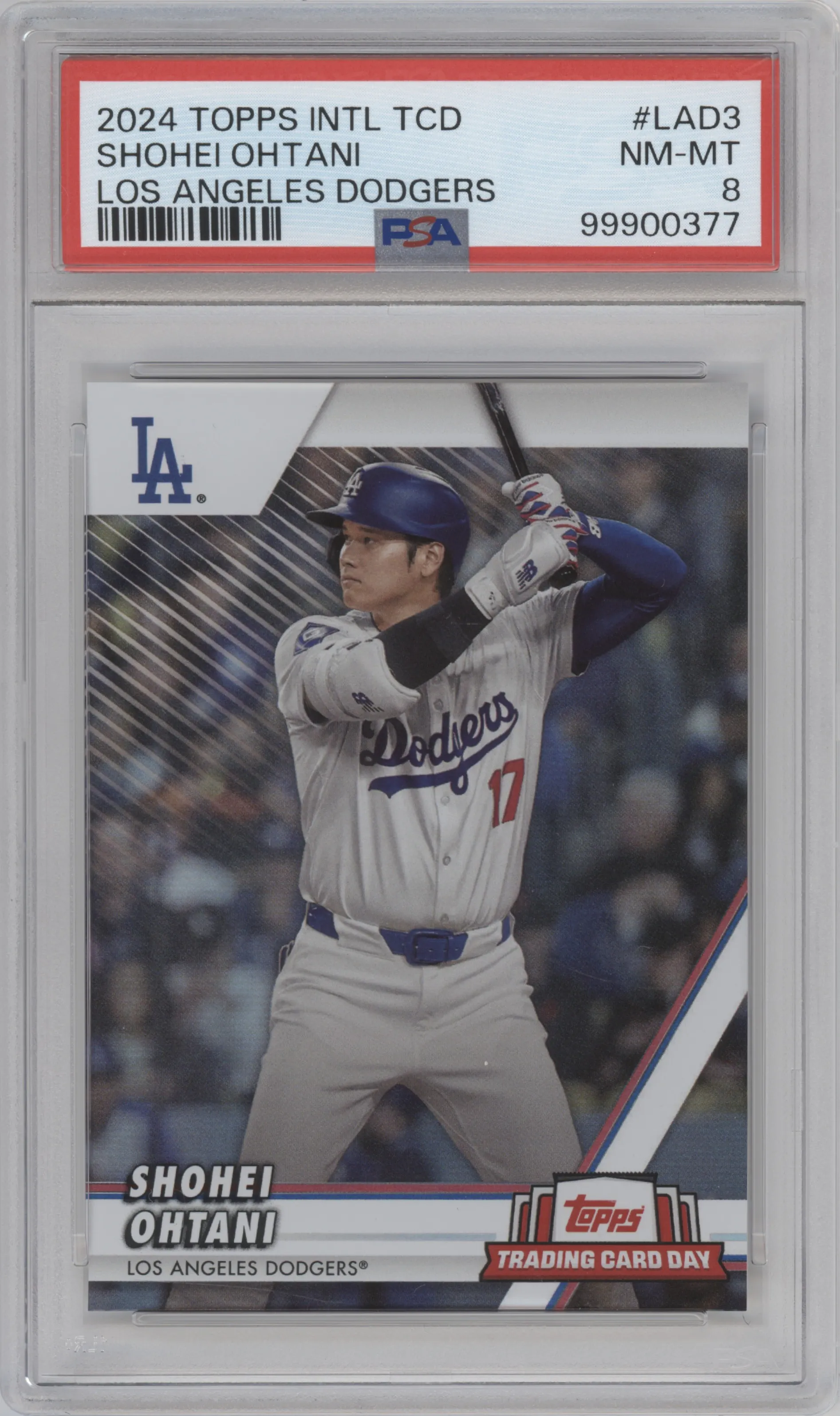 Shohei Ohtani from the 2024 Topps Trading Card Day set graded by PSA and given an overall grade of 8.
