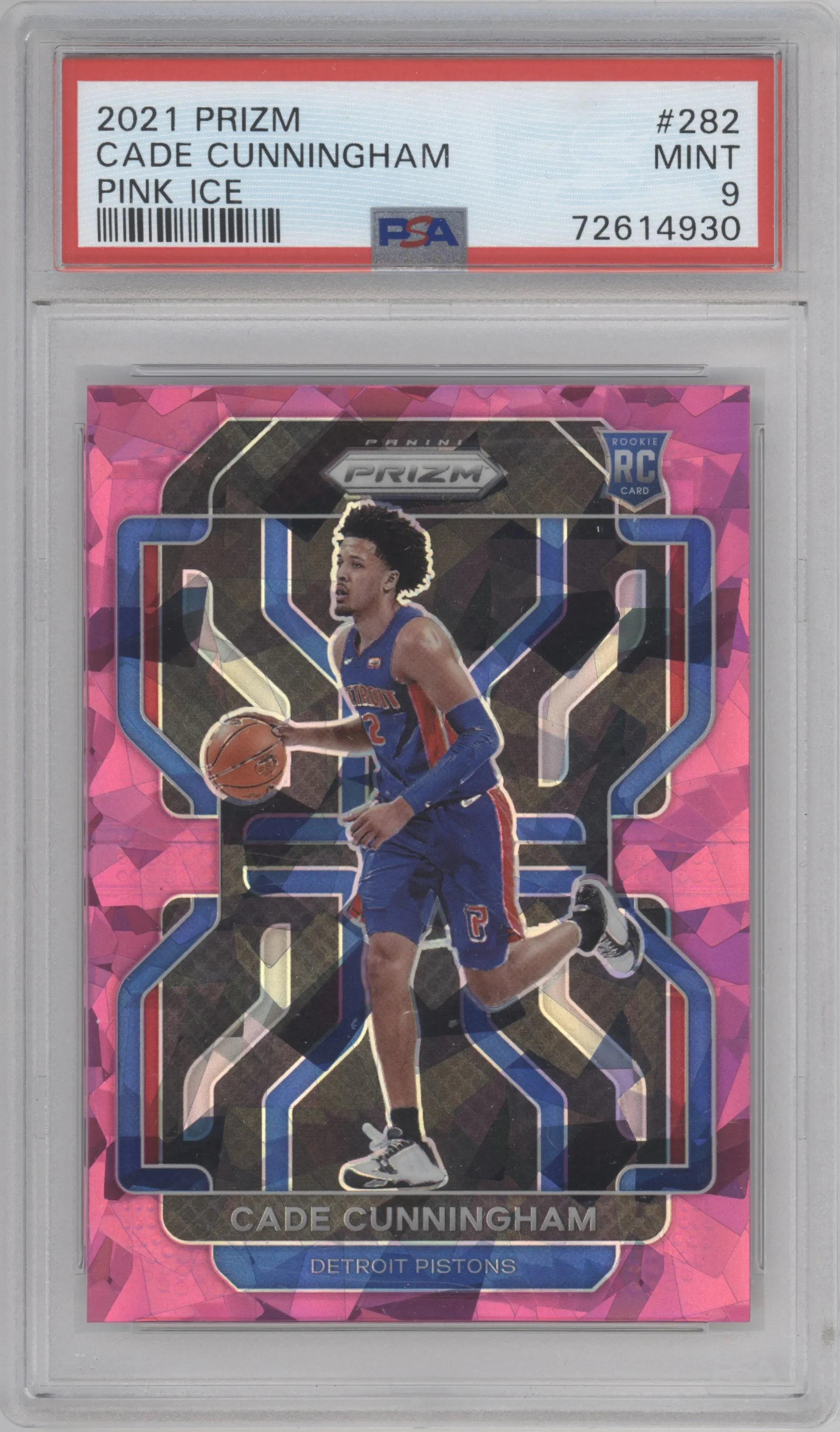 Cade Cunningham from the 2021-22 Panini Prizm  set featuring a Pink Ice parallel graded by PSA and given an overall grade of 9.
