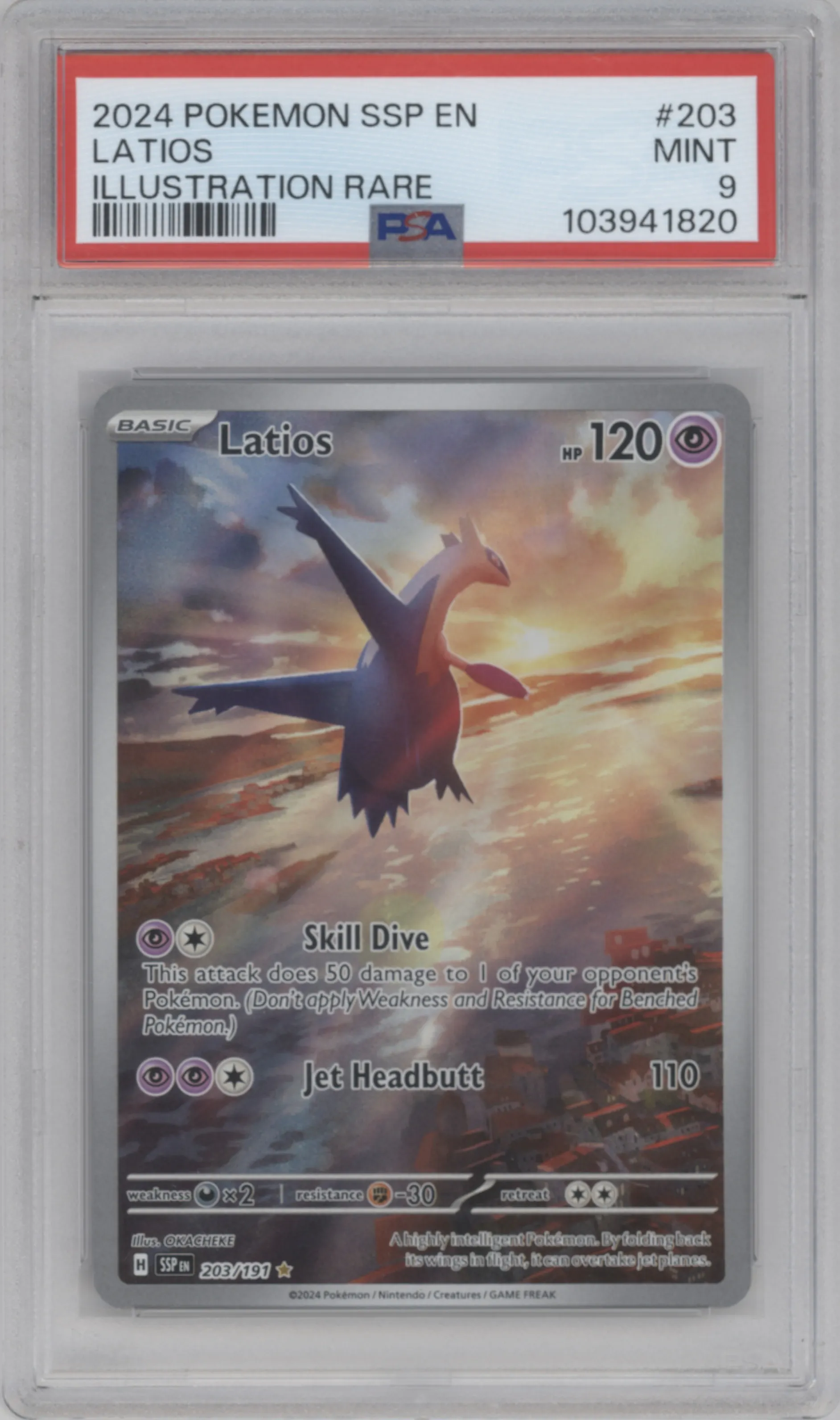 Latios from the 2024 Pokemon SV set graded by PSA and given an overall grade of 9.