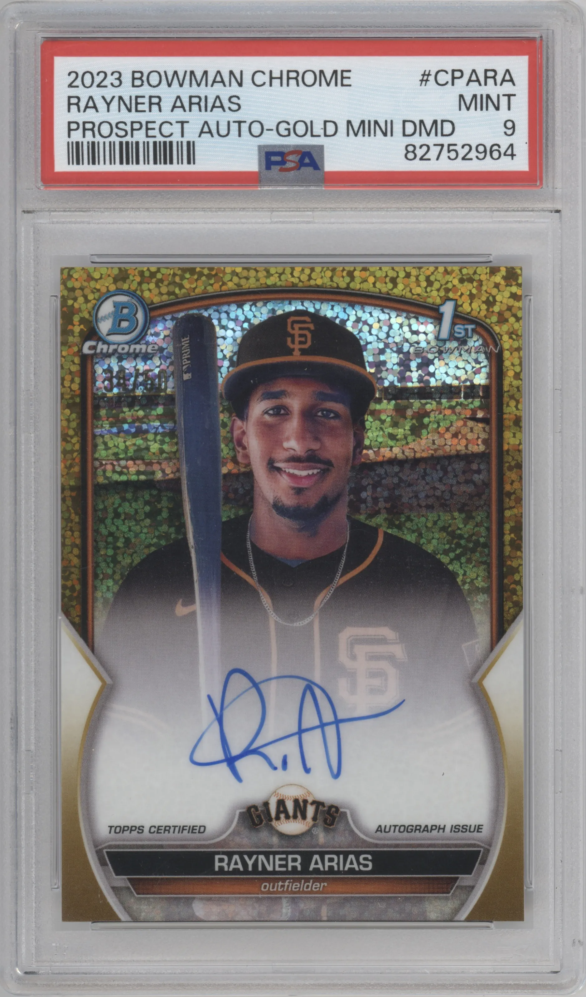 Rayner Arias from the 2023 Bowman Chrome set featuring a Gold Mini-Diamond Refractor parallel graded by PSA and given an overall grade of 9.