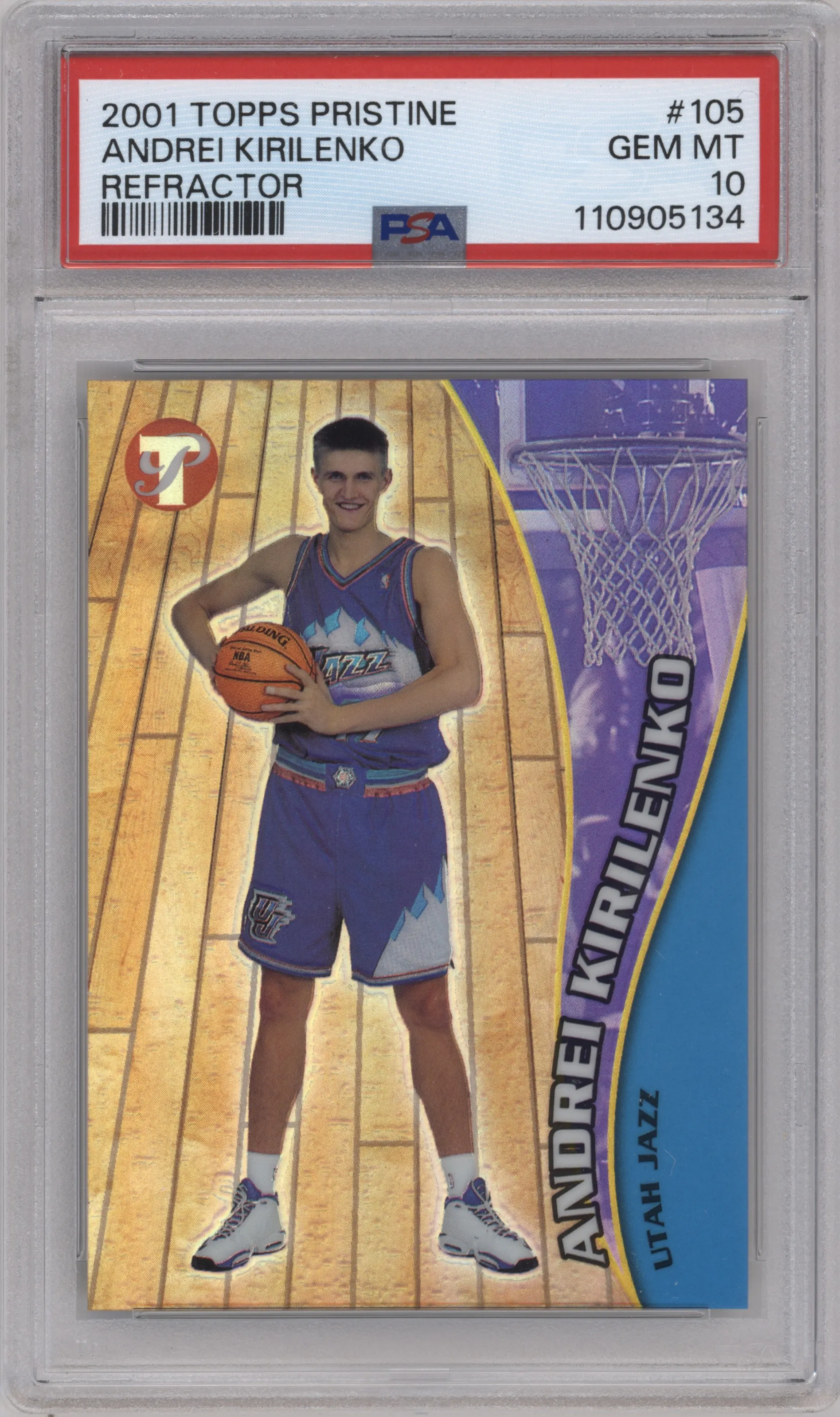 Andrei Kirilenko from the 2001-02 Topps Pristine set featuring a Refractor parallel graded by PSA and given an overall grade of 10.