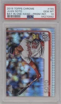 Juan Soto from the 2019 Topps Chrome set featuring a Prism Refractor  parallel graded by PSA and given an overall grade of 10.