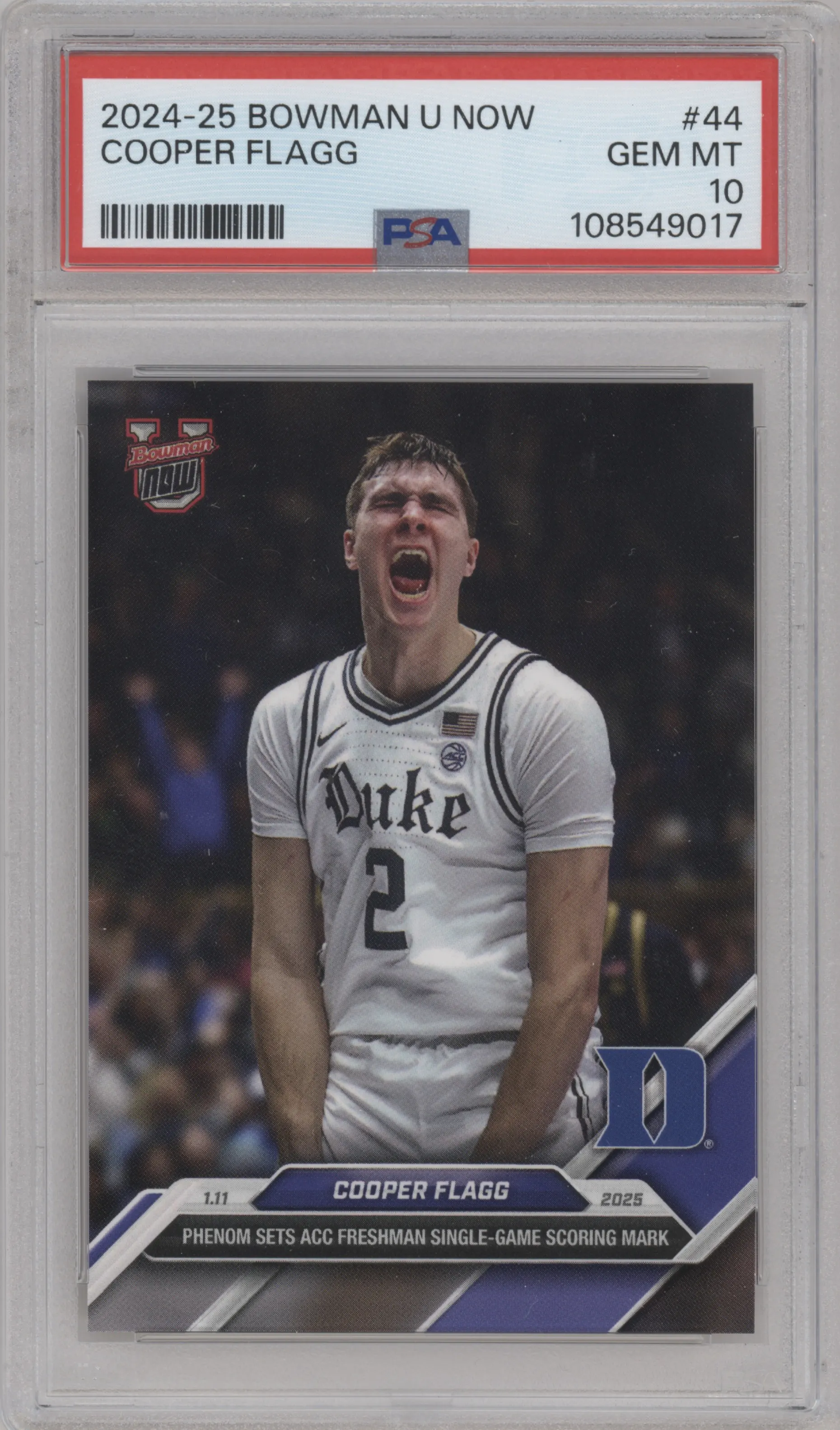 Cooper Flagg from the 2024-25 Bowman U Now set graded by PSA and given an overall grade of 10.