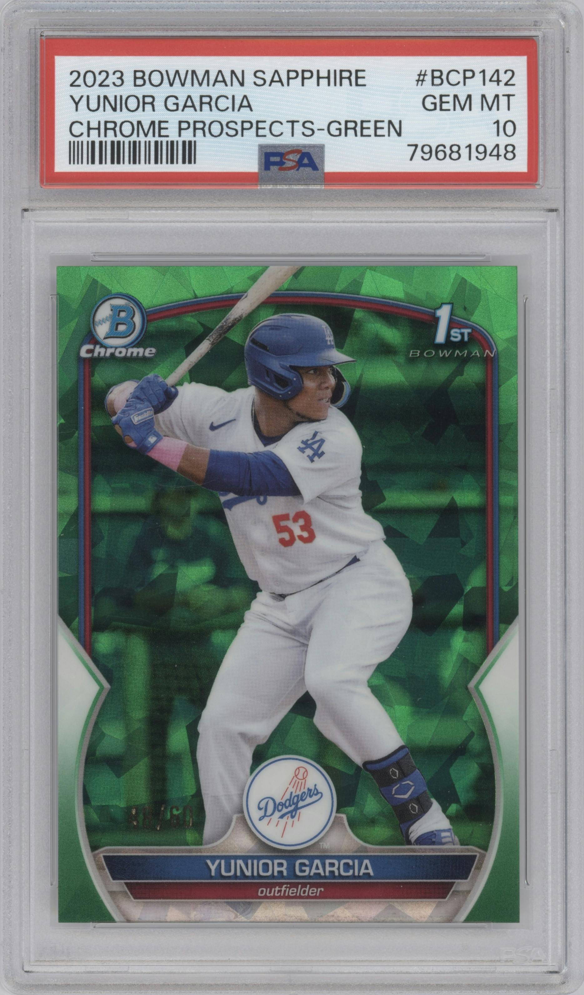 Yunior Garcia from the 2023 Bowman Sapphire Edition set featuring a Green parallel graded by PSA and given an overall grade of 10.