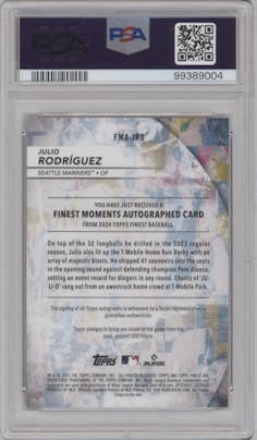 Julio Rodriguez from the 2024 Topps Finest set featuring a Gold Refractor parallel graded by PSA and given an overall grade of 10.