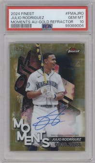 Julio Rodriguez from the 2024 Topps Finest set featuring a Gold Refractor parallel graded by PSA and given an overall grade of 10.