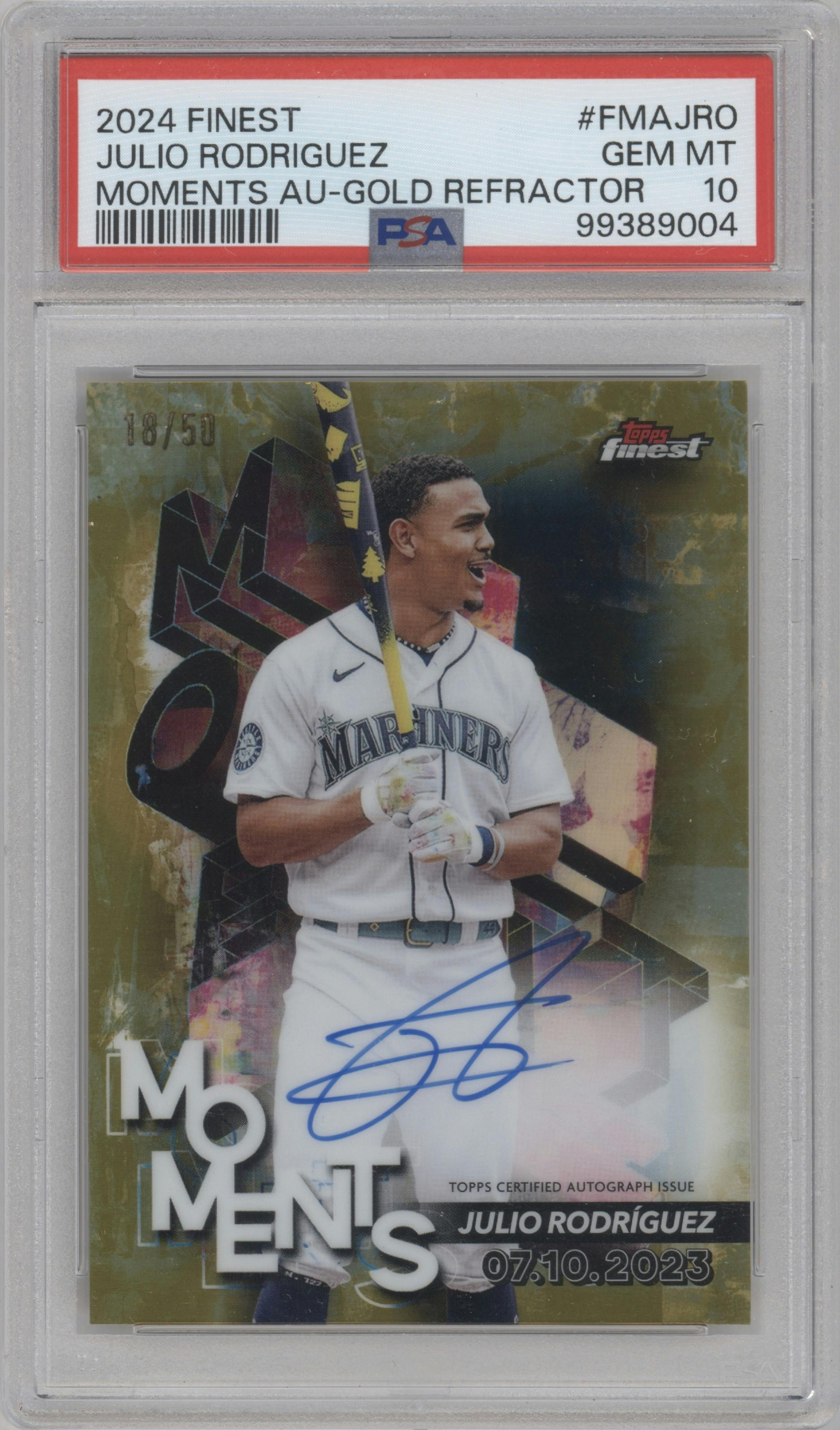 Julio Rodriguez from the 2024 Topps Finest set featuring a Gold Refractor parallel graded by PSA and given an overall grade of 10.