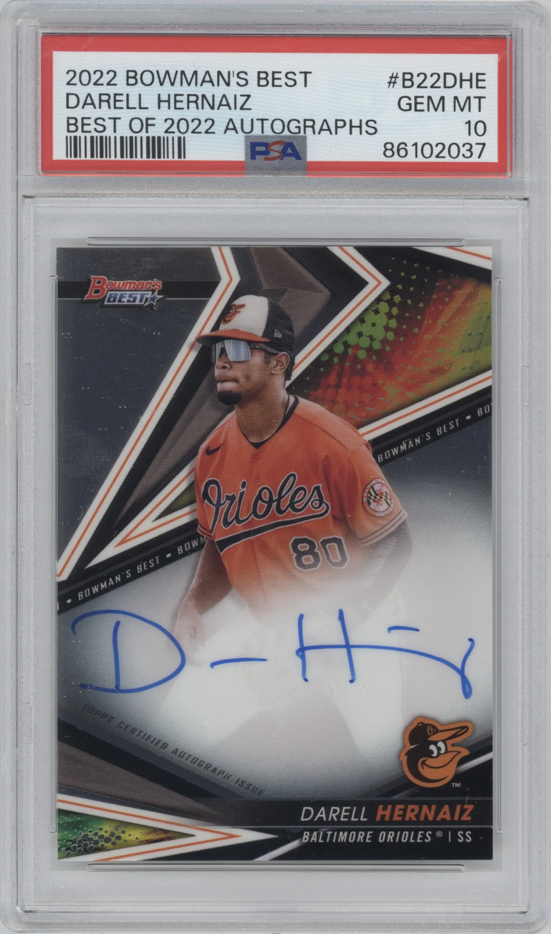Darell Hernaiz from the 2022 Bowman’s Best   set graded by PSA and given an overall grade of 10.
