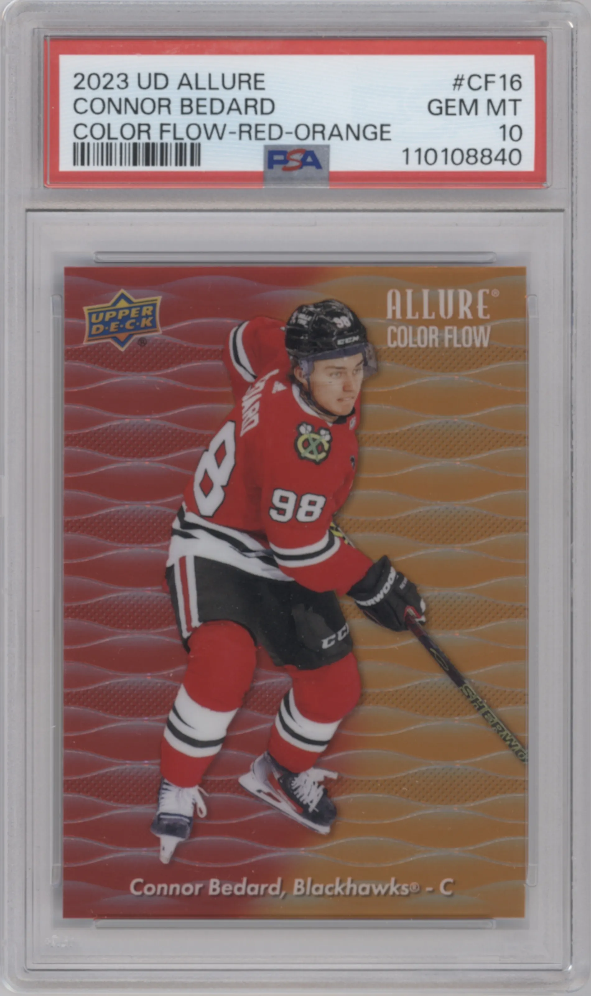 Connor Bedard from the 2023-24 Upper Deck Allure set featuring a Red-Orange parallel graded by PSA and given an overall grade of 10.
