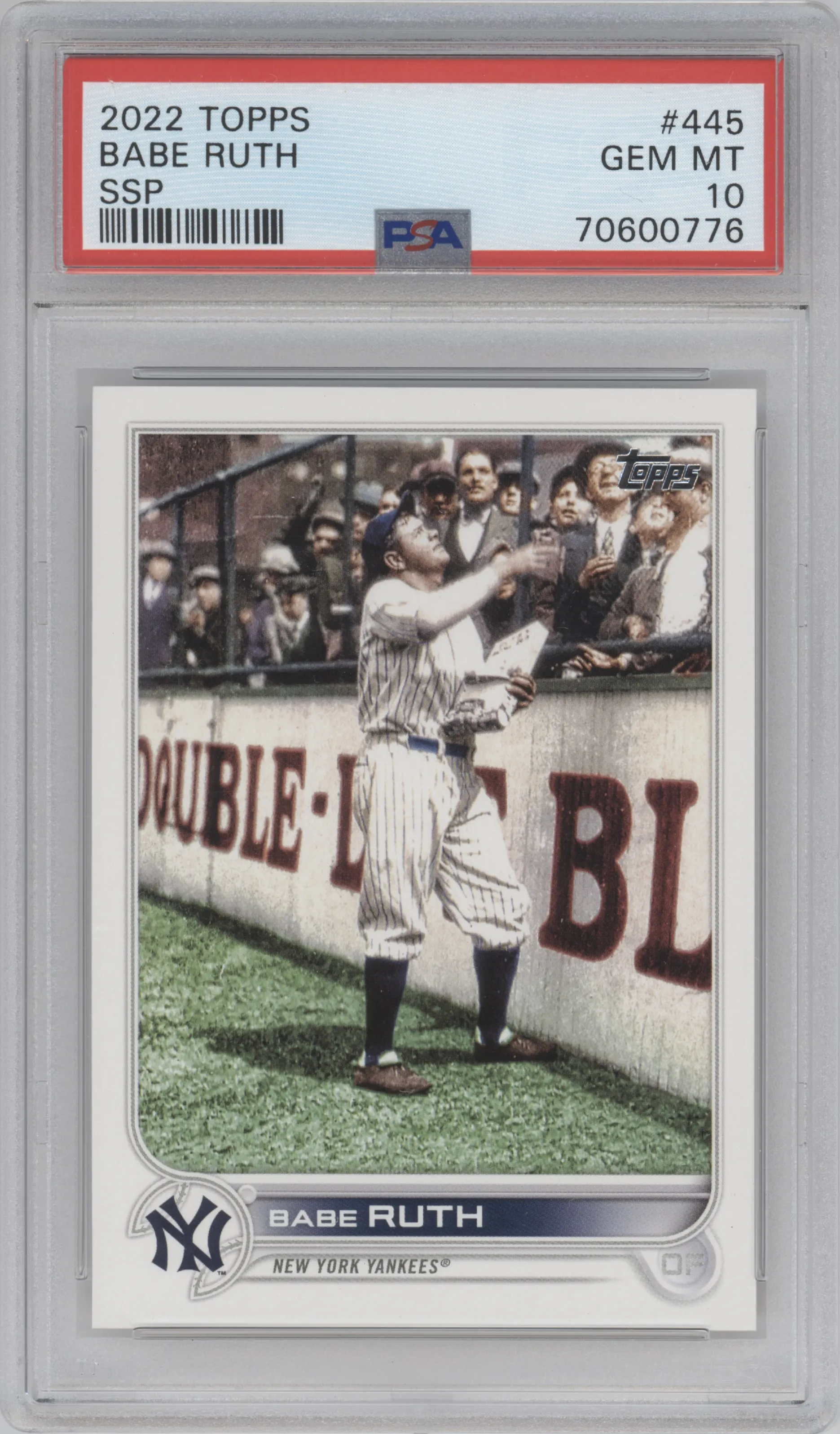 Babe Ruth from the 2022 Topps Series 2 set graded by PSA and given an overall grade of 10.