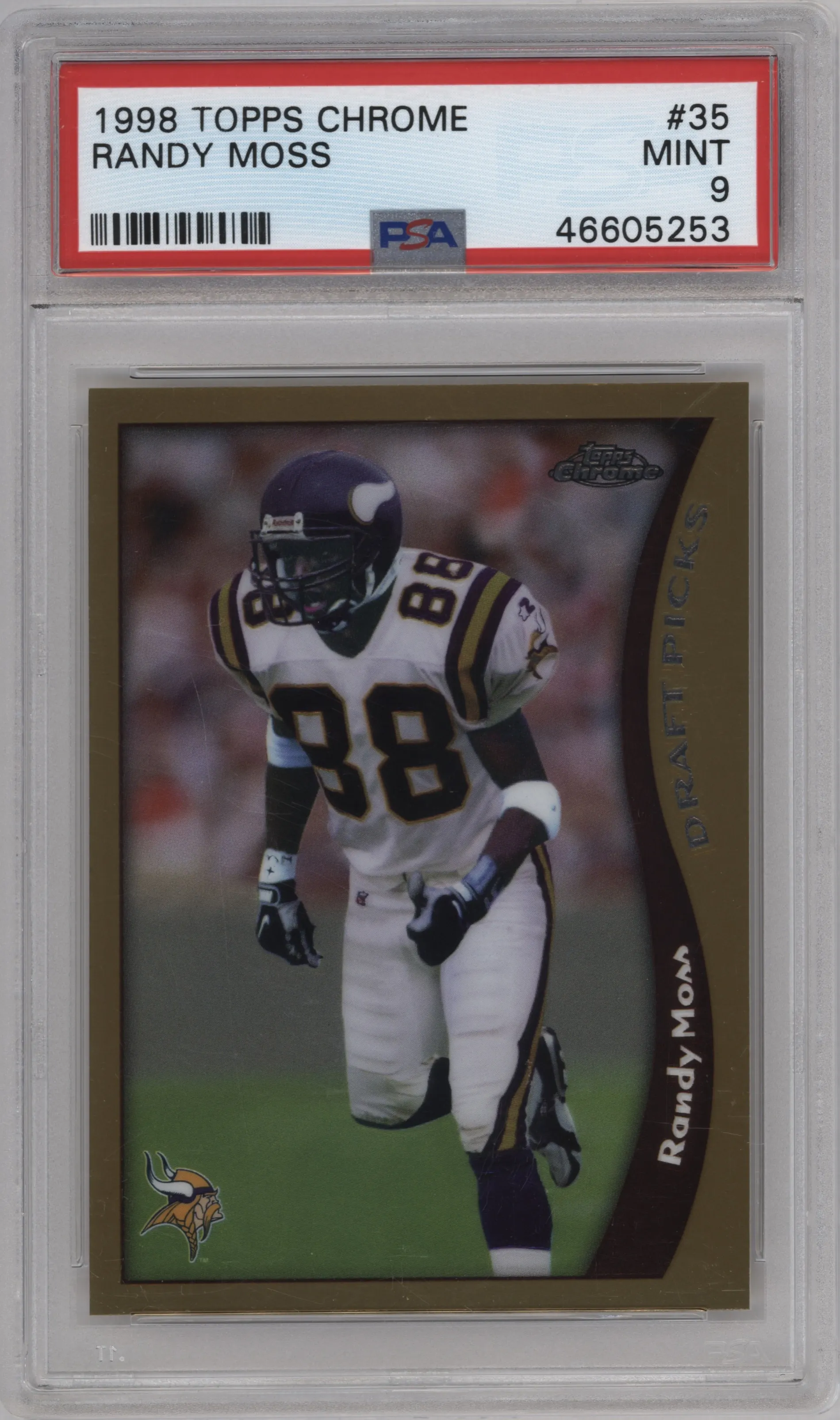 Randy Moss from the 1998 Topps Chrome set graded by PSA and given an overall grade of 9.