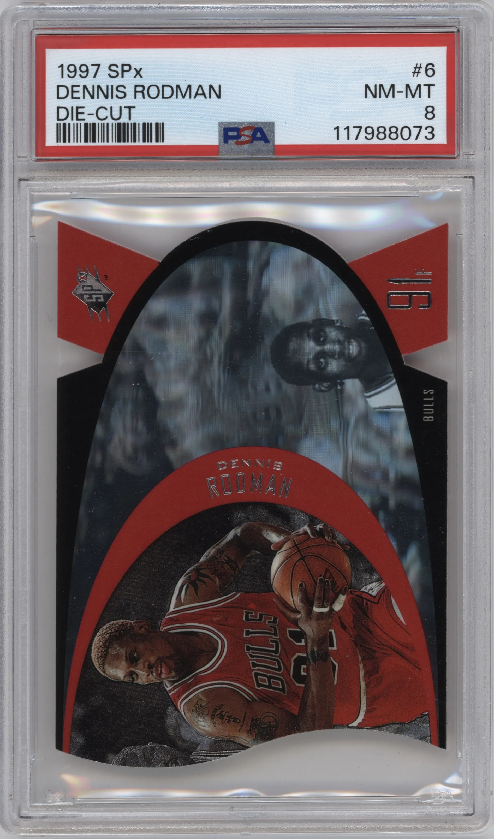 Dennis Rodman from the 1997 SPx set graded by PSA and given an overall grade of 8.