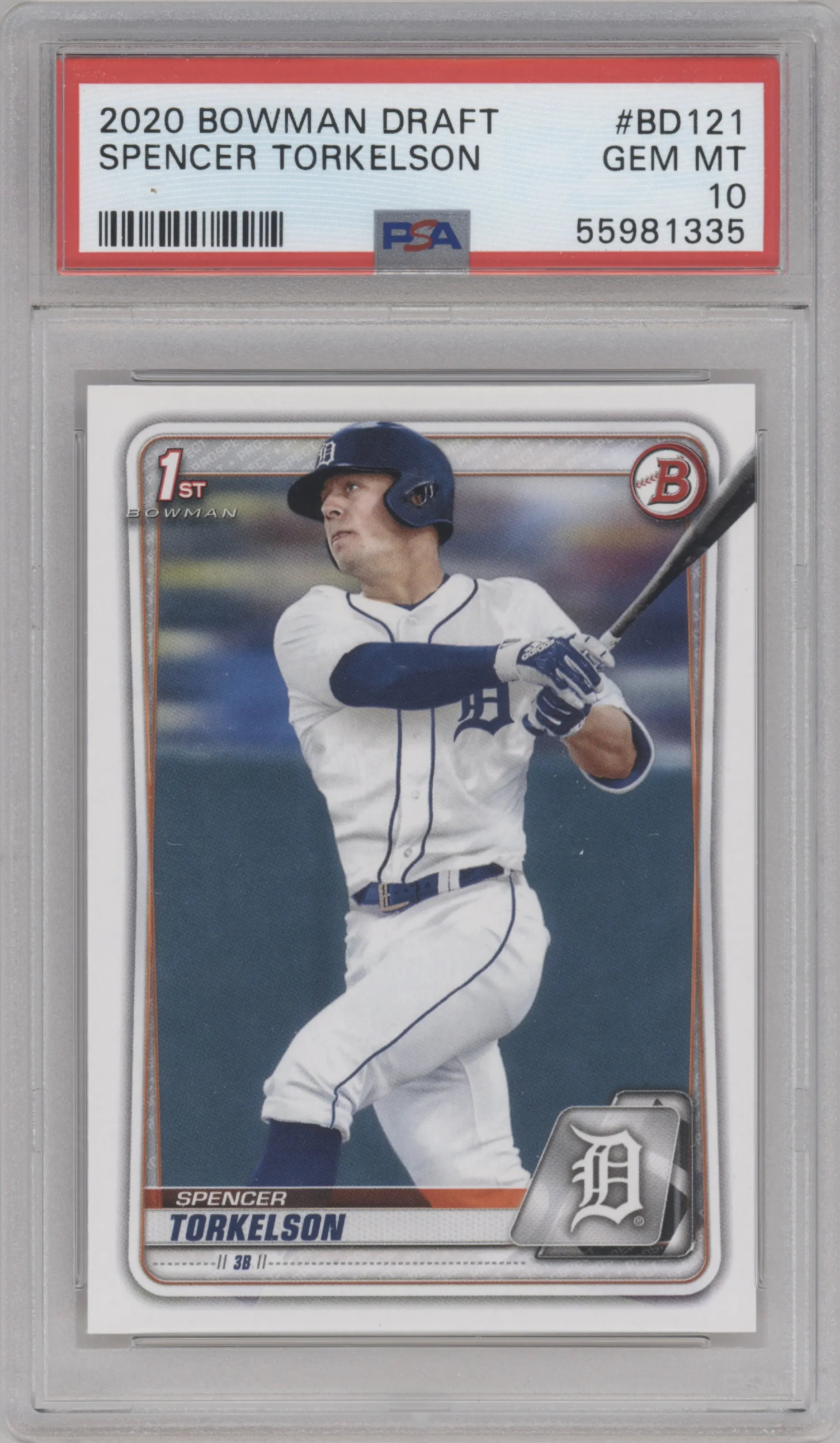 Spencer Torkelson from the 2020 Bowman Draft set graded by PSA and given an overall grade of 10.
