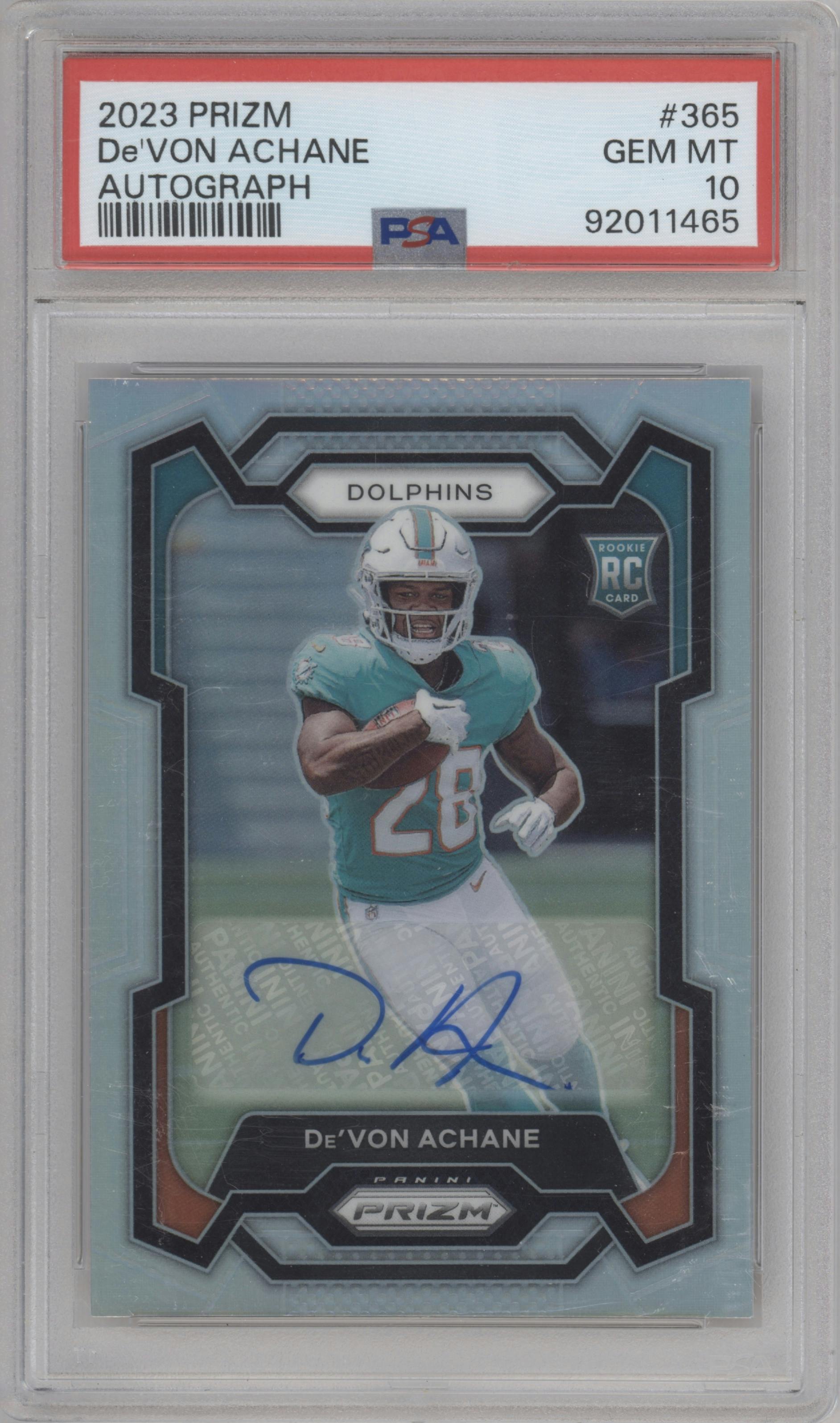 De'Von Achane from the 2023 Panini Prizm set graded by PSA and given an overall grade of 10.