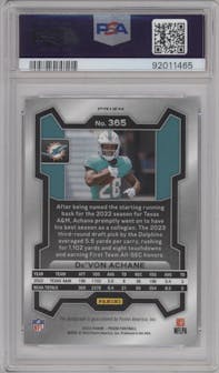 De'Von Achane from the 2023 Panini Prizm set graded by PSA and given an overall grade of 10.