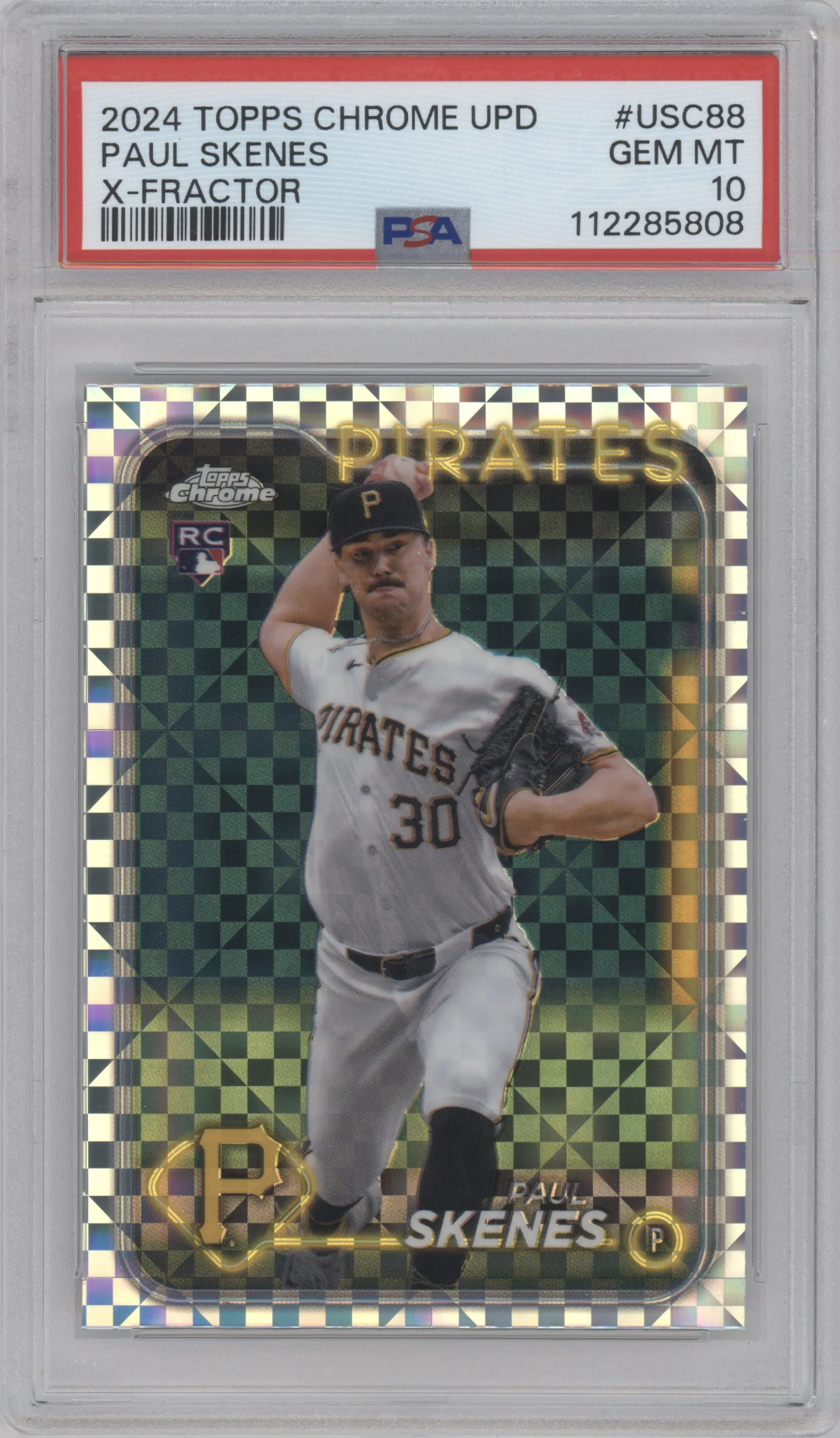Paul Skenes from the 2024 Topps Chrome Update set featuring a X-Fractor parallel graded by PSA and given an overall grade of 10.