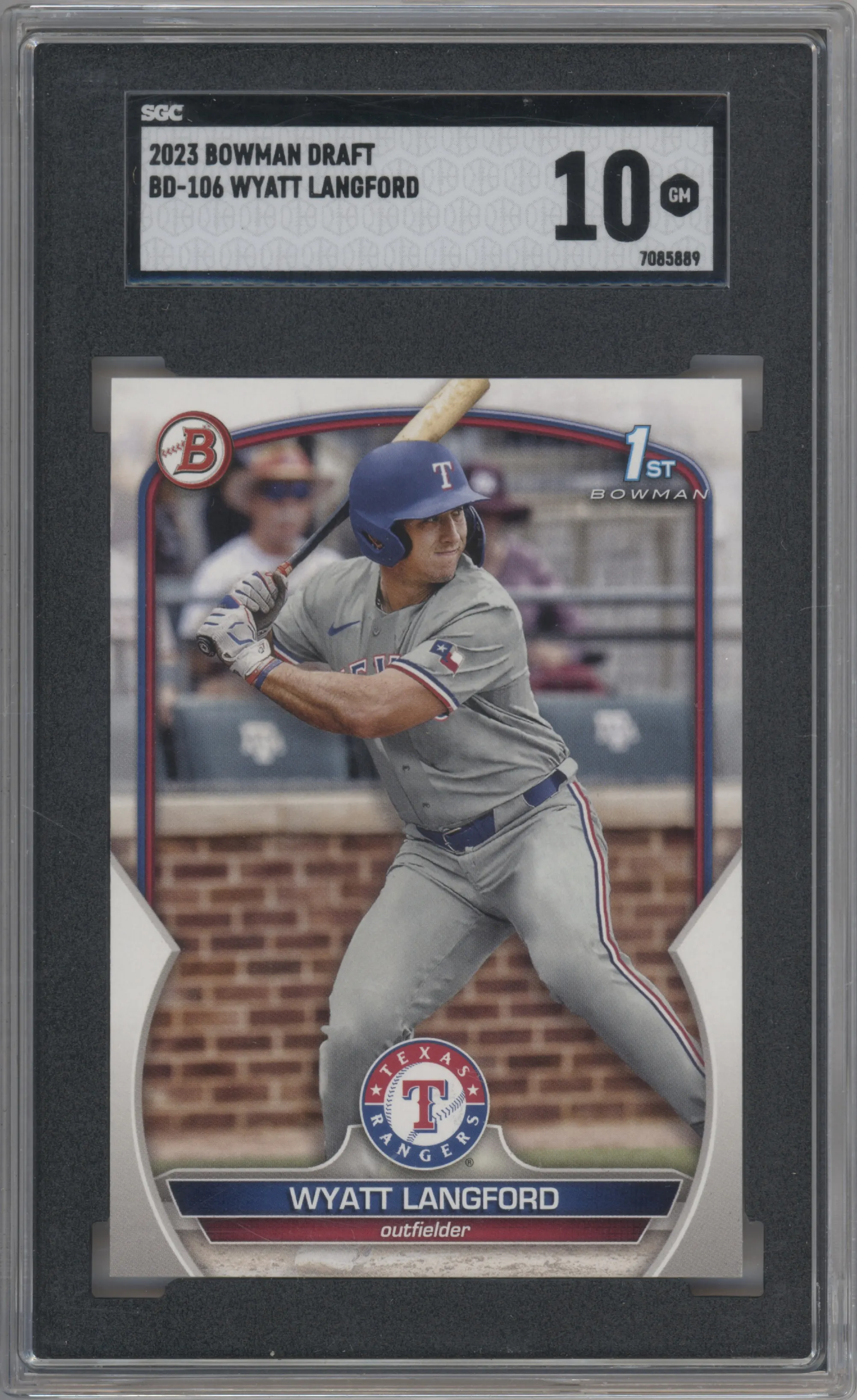 Wyatt Langford from the 2023 Bowman Draft set graded by SGC and given an overall grade of 10.